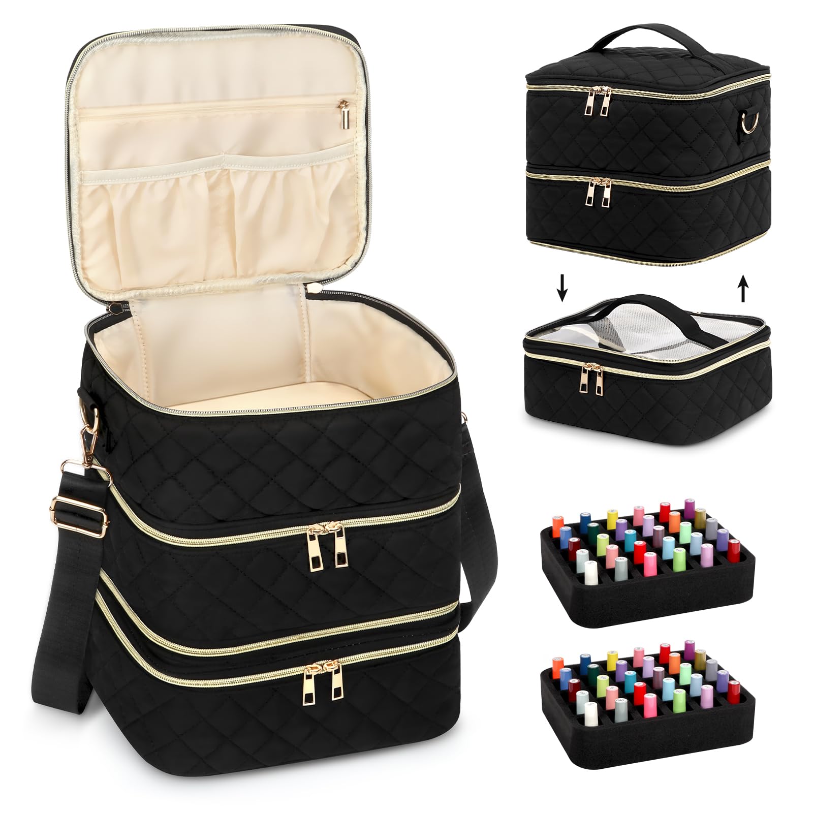 3-Tier Portable Nail Polish Organizer Case - Holds 60 Bottles & Fits Nail Lamp, Detachable Layers & Adjustable Shoulder Strap - Perfect for Salon Professionals, Home Manicures & Travel Nail Kits