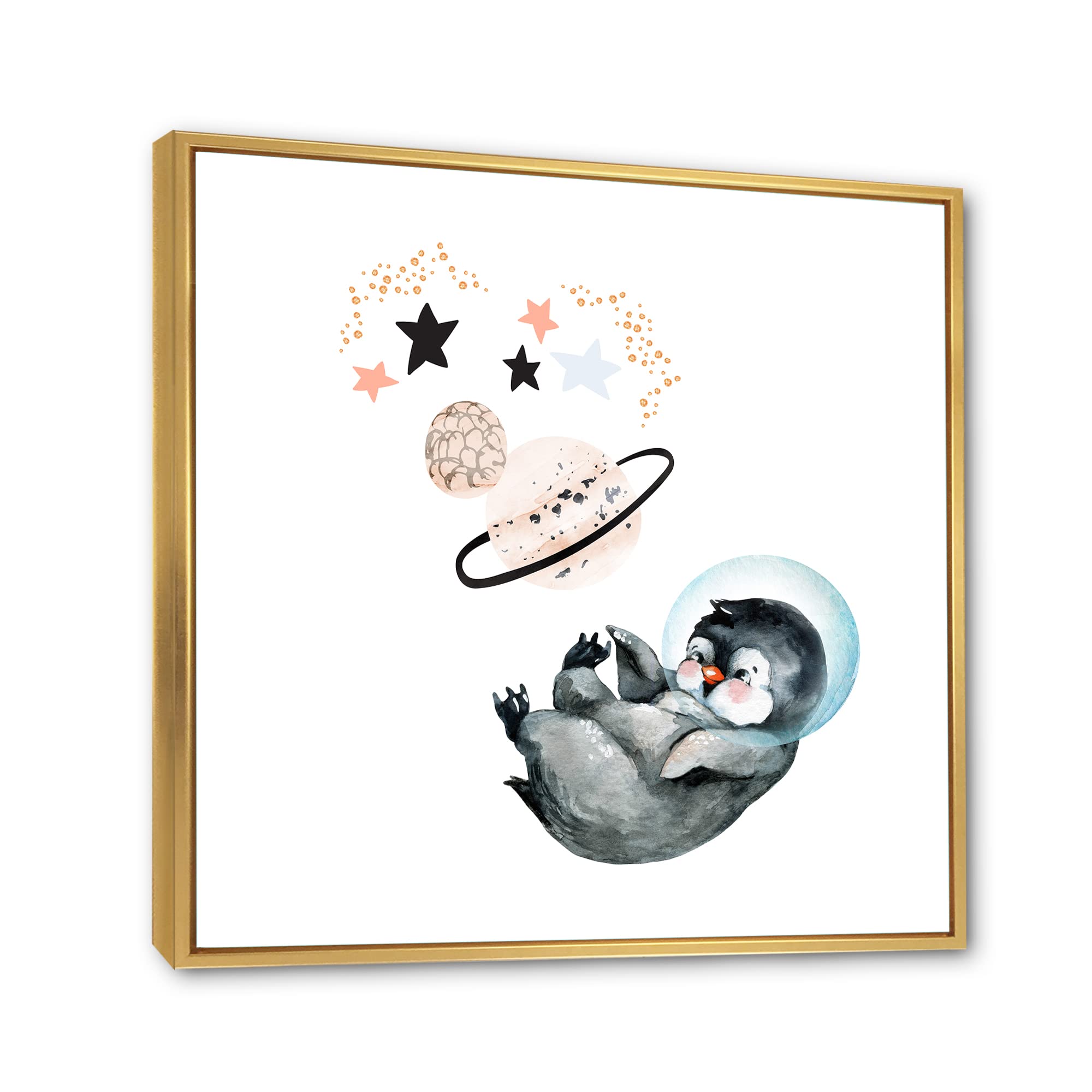 DesignQ Little Penguin with Stars and Planets Farmhouse Framed Canvas Wall Art Print - Nursery Decor, Kids Room Decoration, Living Room Wall Art