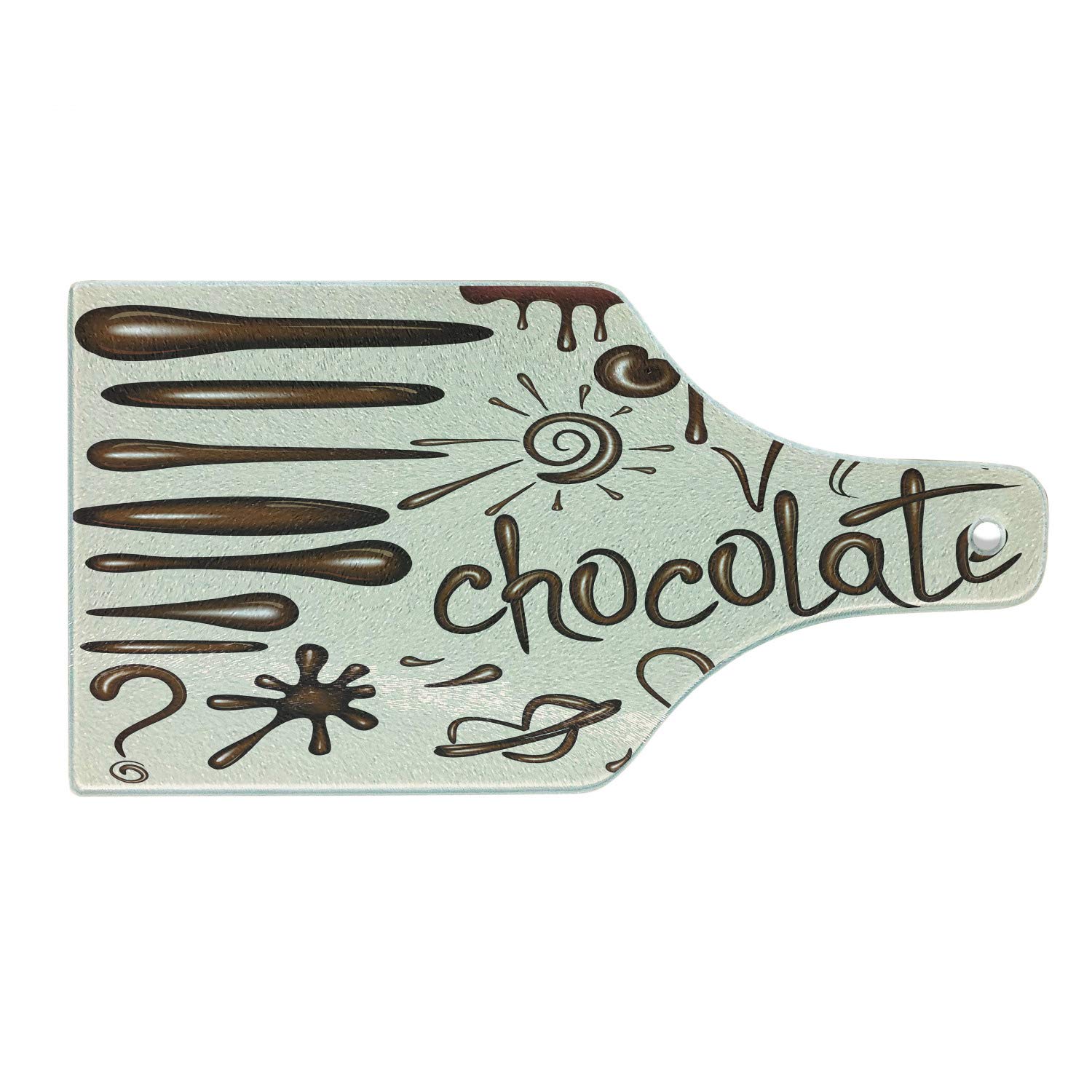 Ambesonne Chocolate Themed Tempered Glass Cutting Board - Decorative Serving Board with Coffee Cup, Heart, Lips & Sun Design - Wine Bottle Shape in Brown, Ivory & Burgundy - Perfect for Chocolate Lovers, Kitchen Decor & Party Serving