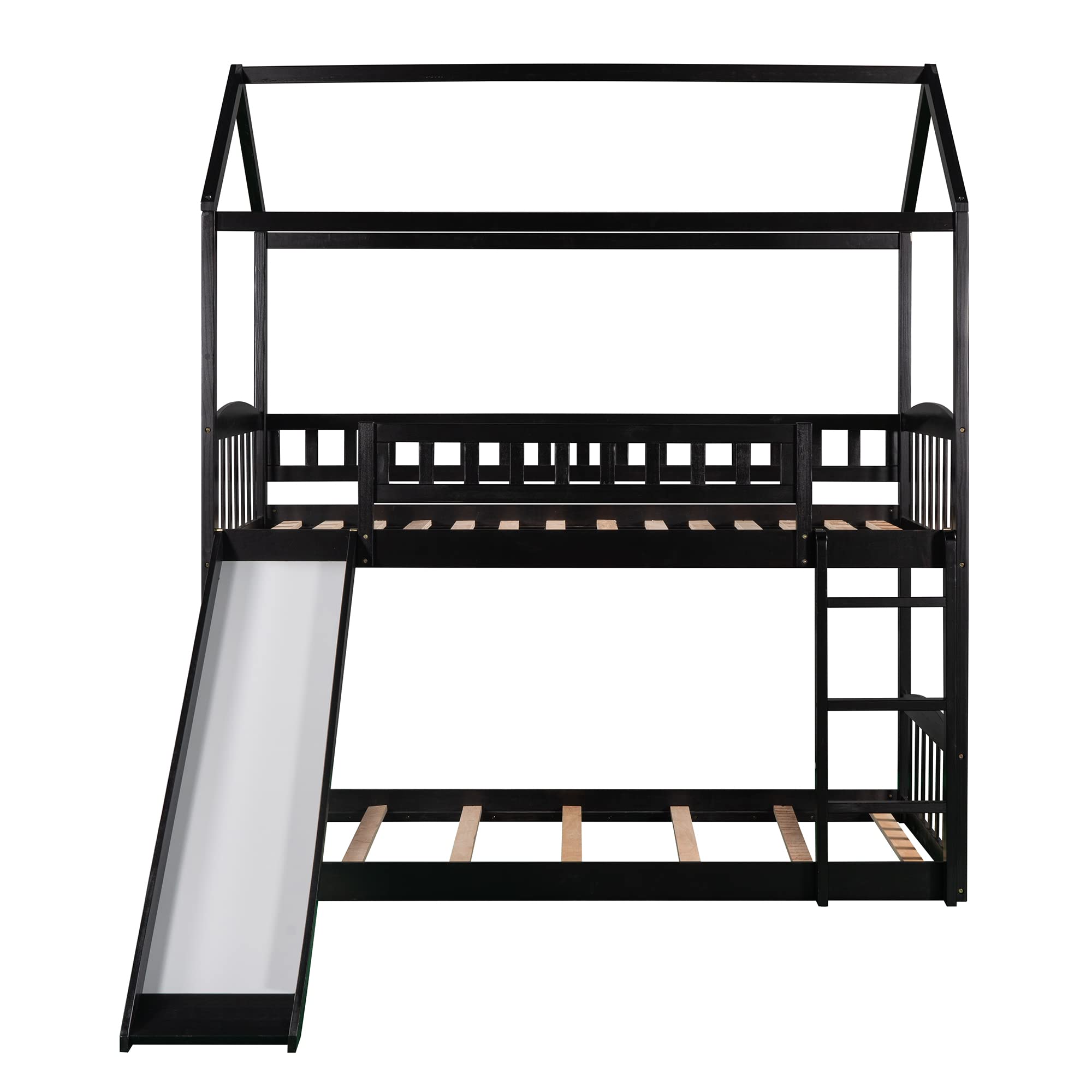 Twin Over Twin Bunk Bed with Slide and Roof - Solid Wood House Bed Frame for Kids, Teens & Adults - No Box Spring Needed - Espresso Finish - Perfect for Small Bedrooms, Guest Rooms & Vacation Homes