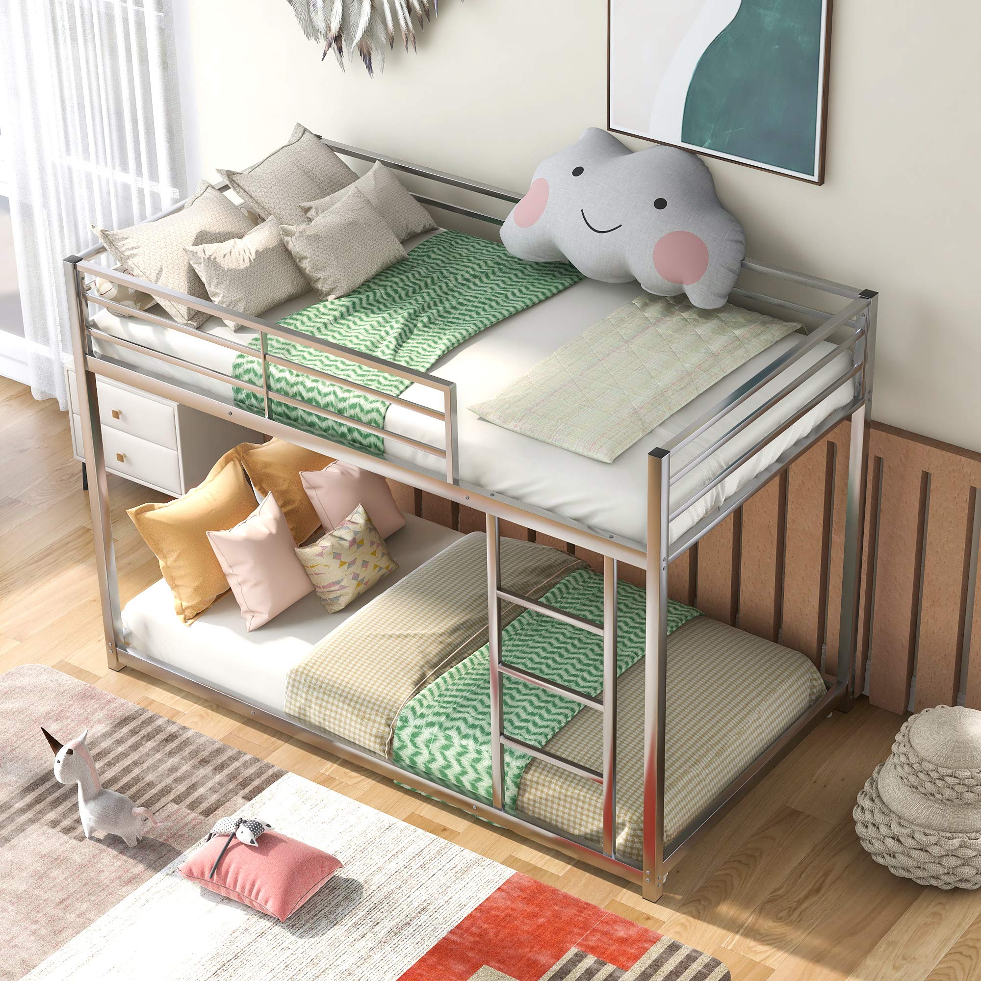 Twin Over Twin Metal Bunk Bed with Ladder - Space Saving Kids & Teens Bedroom Furniture in Silver | Perfect for Small Rooms, Shared Bedrooms & Sleepovers