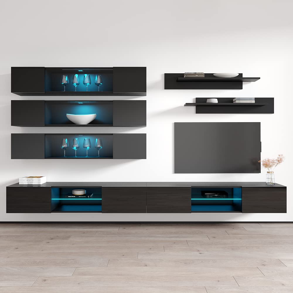 Modern Floating TV Stand with Storage & LED Lights - Wall-Mounted Entertainment Center for Living Room & Bedroom - Black J3 33TV Console with Shelves - Perfect for Small Spaces & Home Theater Setup