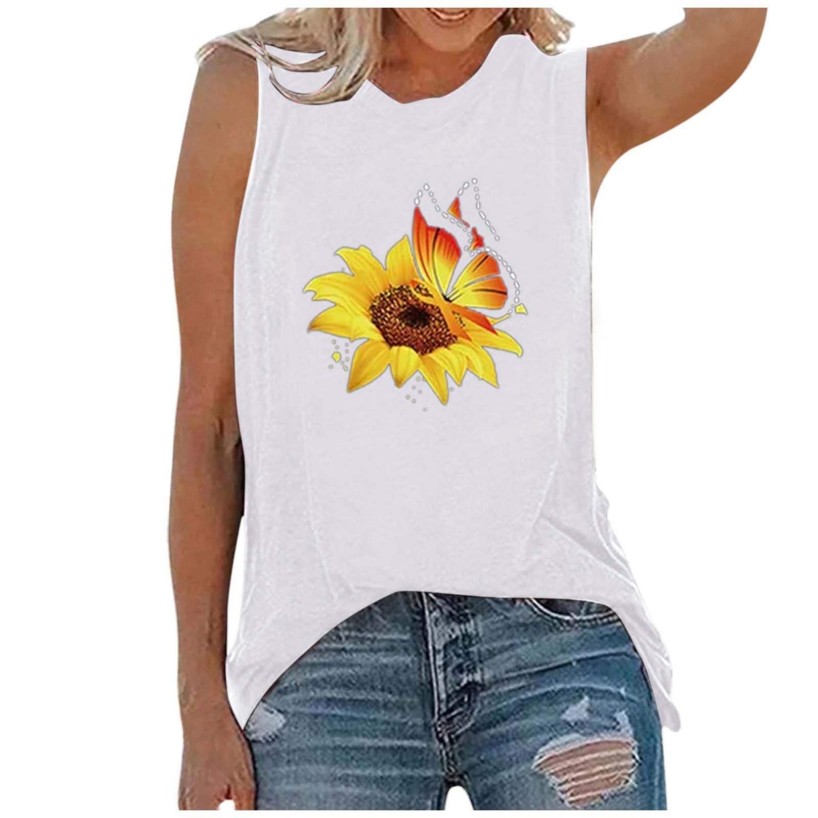Sunflower Print Plus Size Tank Tops for Women - Fashion Casual Summer Sleeveless Shirts - Perfect for Beach Outings, Yoga & Everyday Wear