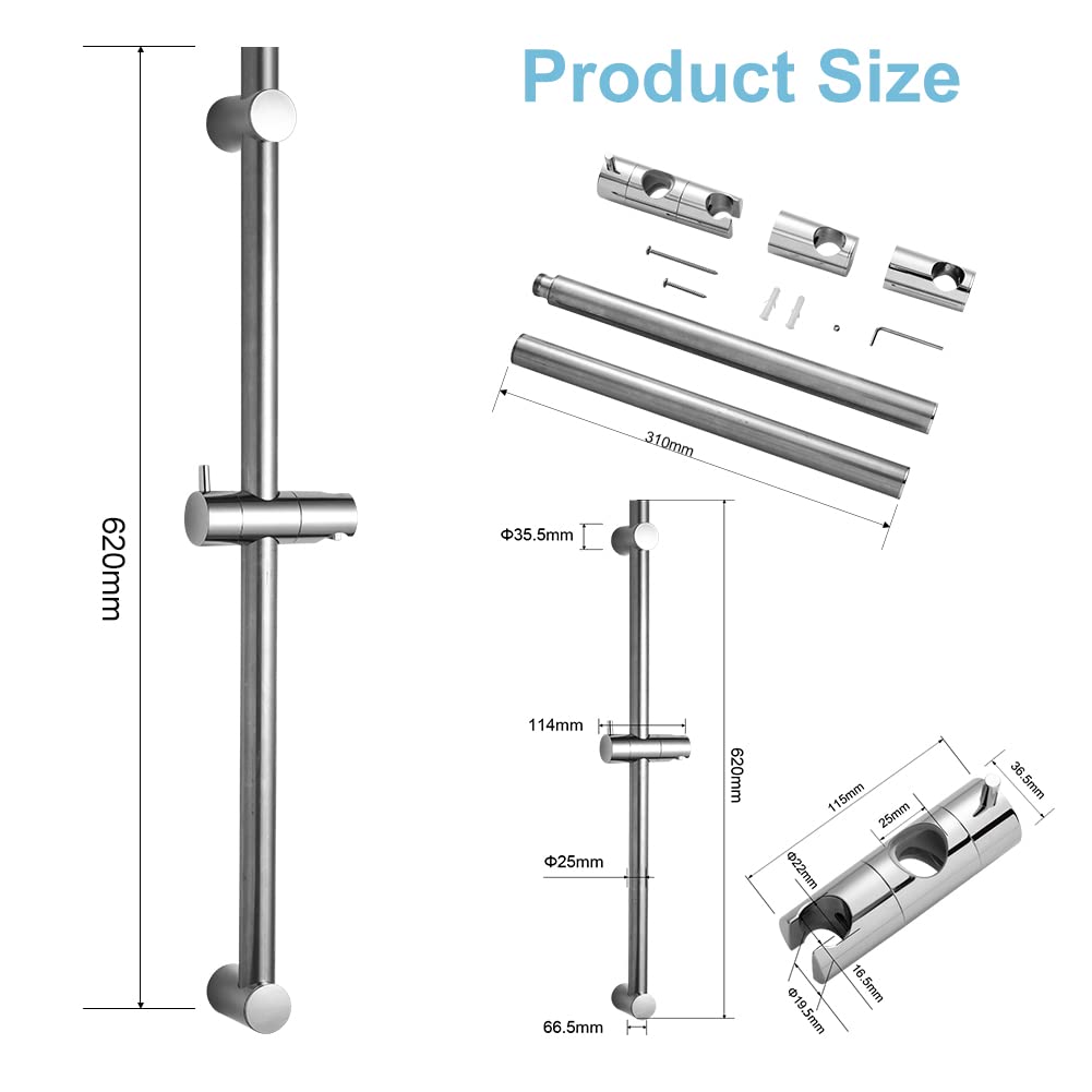OFFO Adjustable Shower Riser Rail - 62cm Wall Mounted Shower Rail with Handheld Shower Head Holder, Chrome Finish (28-61cm Extension) - Perfect for Bathroom Renovation & Handicap Accessibility