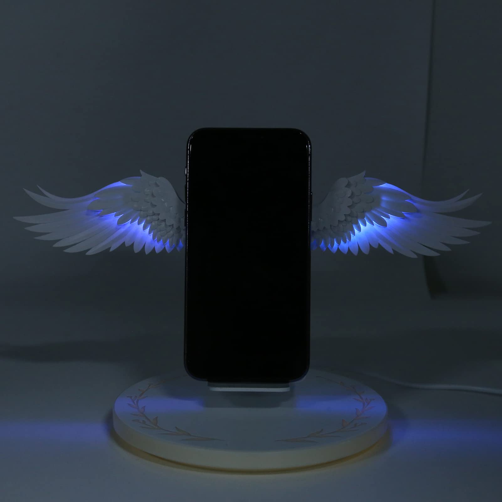 10W Fast Wireless Charging Stand with Angel Wing Design - 7 Color LED Light, Overload Protection, Qi-Certified for iPhone 15/14/13/12, Samsung Galaxy S23/S22/S21, AirPods - Perfect for Bedside, Office & Car Use