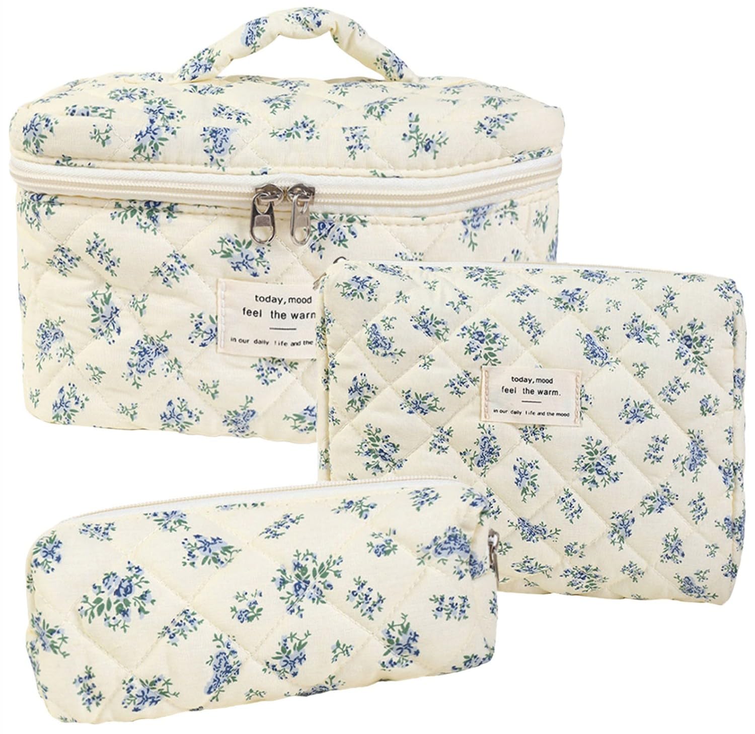 3 Pcs Floral Quilted Makeup Bag Set - Large Cotton Cosmetic Organizer for Women & Girls - Perfect for Travel, Toiletries, and Everyday Use