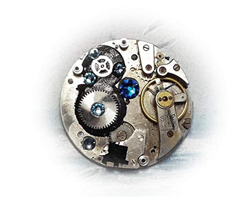 Steampunk Brooch - Gustav Klimt Inspired Silver Mechanical Watch Cogs & Black Polymer Resin with Blue Swarovski Crystals | Convertible Necklace Pendant for Gothic & Vintage Fashion Lovers