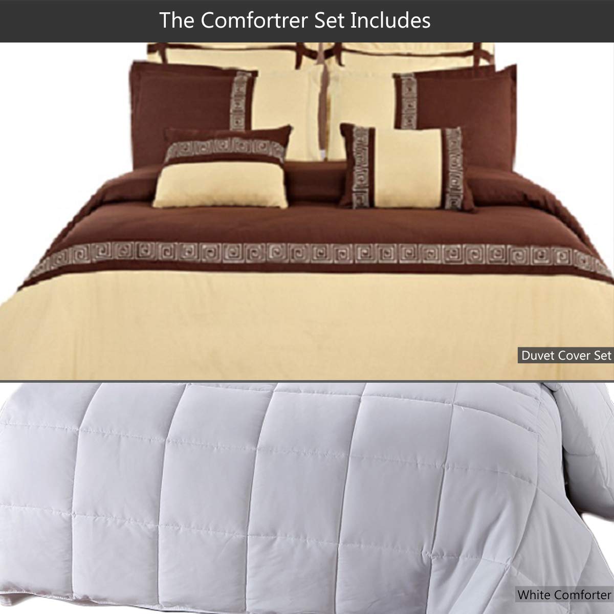 Luxury Embroidered Microfiber 8-Piece Full/Queen Comforter Set - Gold & Chocolate (Includes Duvet Cover + Down Alternative Comforter) | Perfect for Master Bedroom, Guest Room & Cozy Home Decor