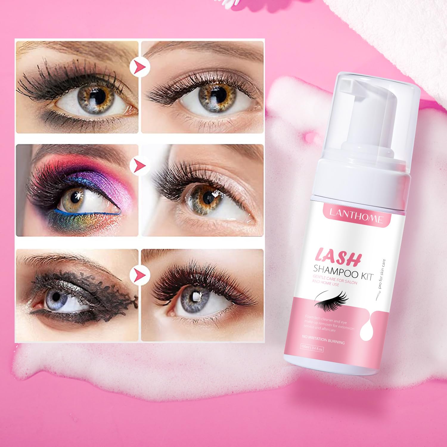 **LANTHOME Eyelash Extension Shampoo & Cleanser - 100ml /3.4 fl.oz Gentle Lash Foam Wash, No Irritation, Includes Brush & Bottle - Perfect for Salon & Home Use, Safe for Sensitive Eyes & Daily Lash Care**