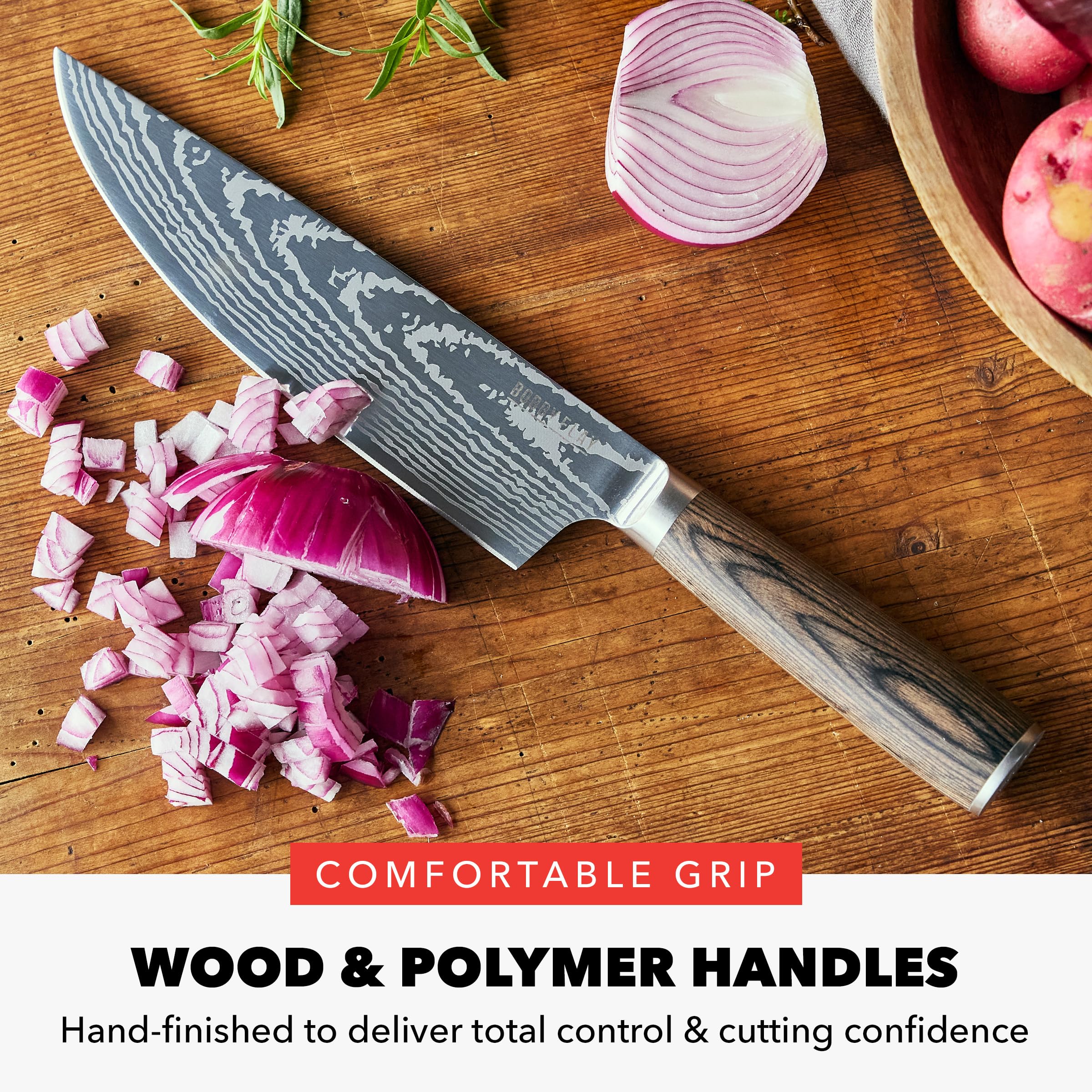GreenPan x Bobby Flay 13-Piece Stainless Steel Knife Set with Acacia Wood Block - Premium Damascus Steel Kitchen Knives for Professional Chefs & Home Cooking - Perfect for Slicing, Dicing, and Food Prep