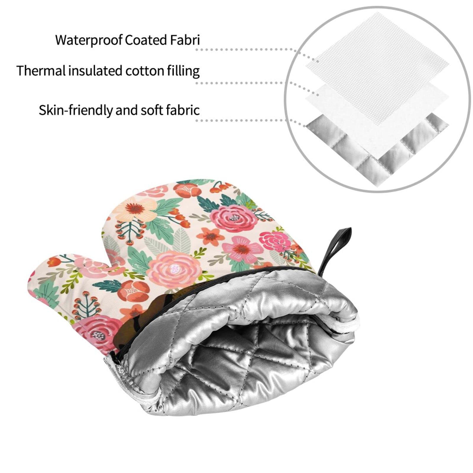 Floral Dog Oven Mitts and Pot Holders Set - 4-Piece Non-Slip Heat Resistant Kitchen Gloves for Cooking, Baking, Grilling & BBQ - Perfect for Holiday Gifts and Home Decor