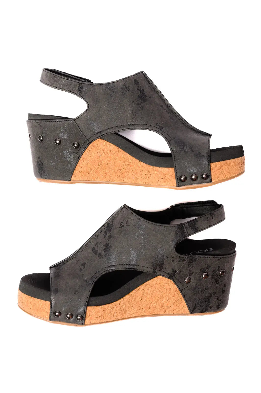 Carley Black Metallic Wedge Sandals for Women - Comfortable Summer Beach Walking Shoes for Outdoor Vacation & Casual Wear