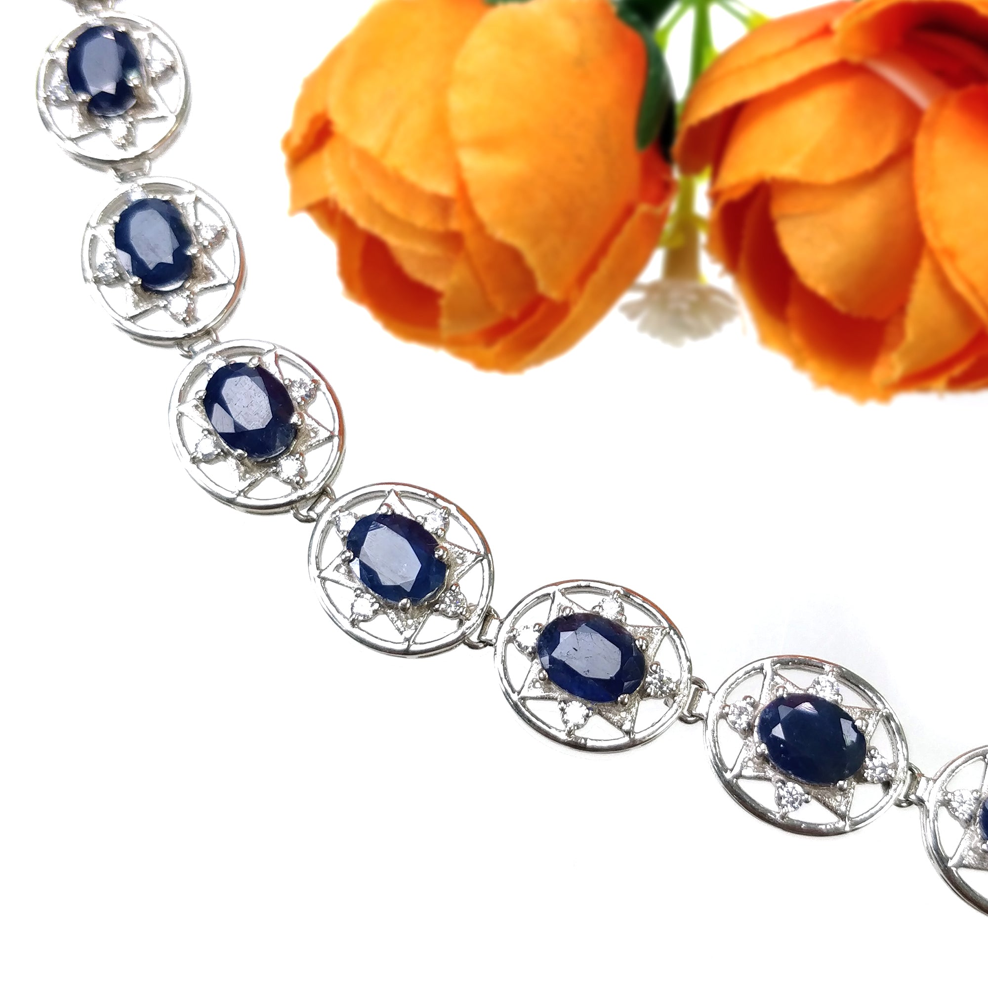 925 Sterling Silver Tennis Bracelet with Natural Blue Sapphire & CZ Stones - 7.5