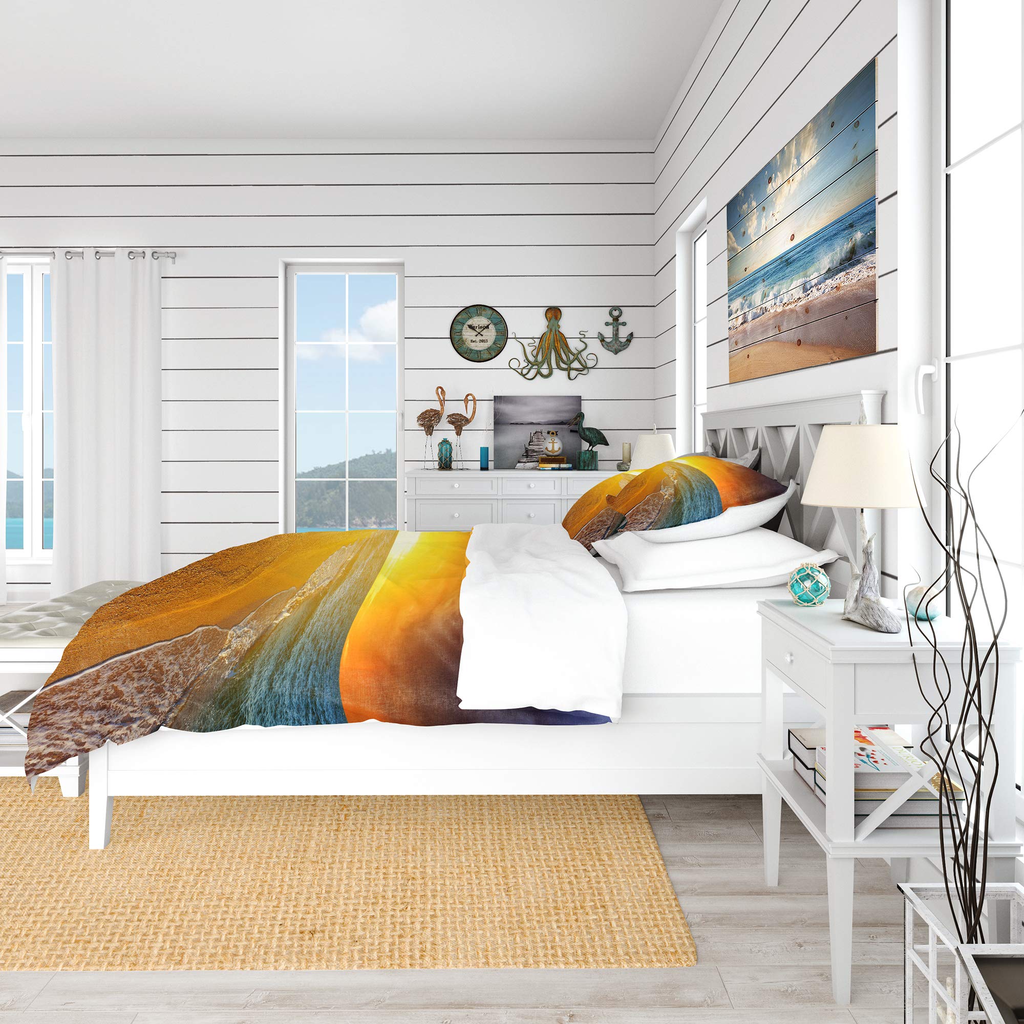 DesignQ Nautical & Coastal Duvet Cover Set - King Size Blue Beach Bedding with Yellow Sky Print, 3-Piece All Season Comfort - Perfect for Beach House, Coastal Decor & Vacation Home Bedrooms