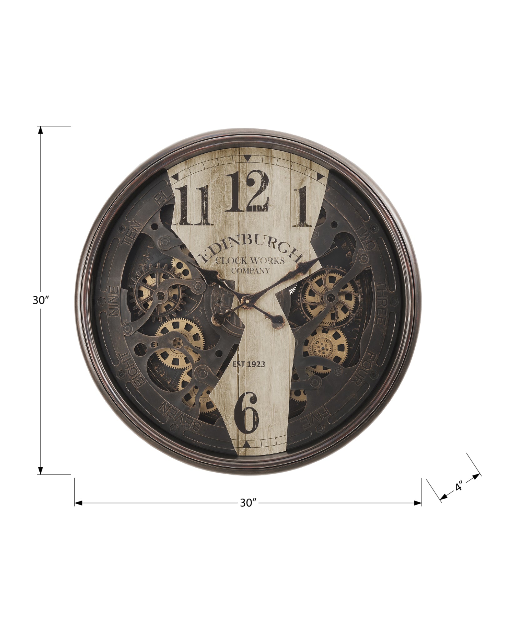 30 Inch Brown Round Wall Clock with Exposed Gear Mechanism - Transitional Style Vintage Decor for Living Room, Bedroom, Office