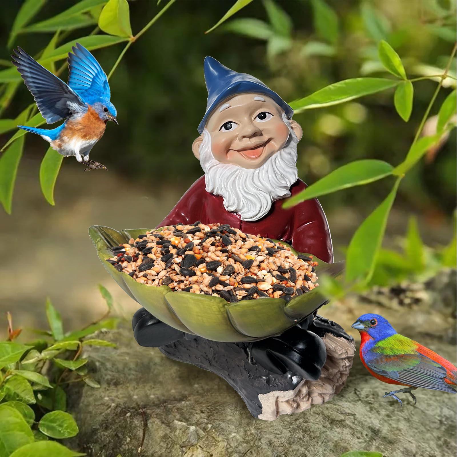 Spring Garden Gnome Bird Feeder with Birdbath - Outdoor Decor for Yard, Patio, Lawn & Porch - Unique Garden Gift for Bird Lovers - Perfect for Spring Gardening & Backyard Birdwatching