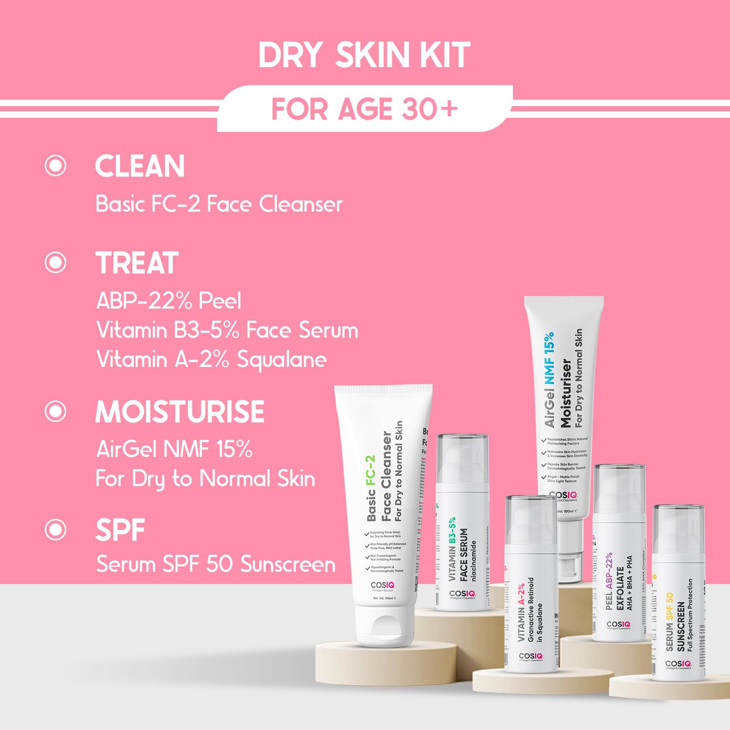 **Cos-IQ Complete Anti-Aging Skincare Kit for Dry Skin (30+ Years) – SPF 50 Sunscreen, 22% ABP Exfoliating Peel, 5% Niacinamide Serum, 15% AirGel Moisturizer, 2% Retinoid, FC-2 Face Wash – Daily Hydration & Wrinkle Reduction for Mature Skin**    *(Perfect for Dry Skin Care Routine, Sun Protection, Nighttime Repair & Anti-Aging Regimen)*