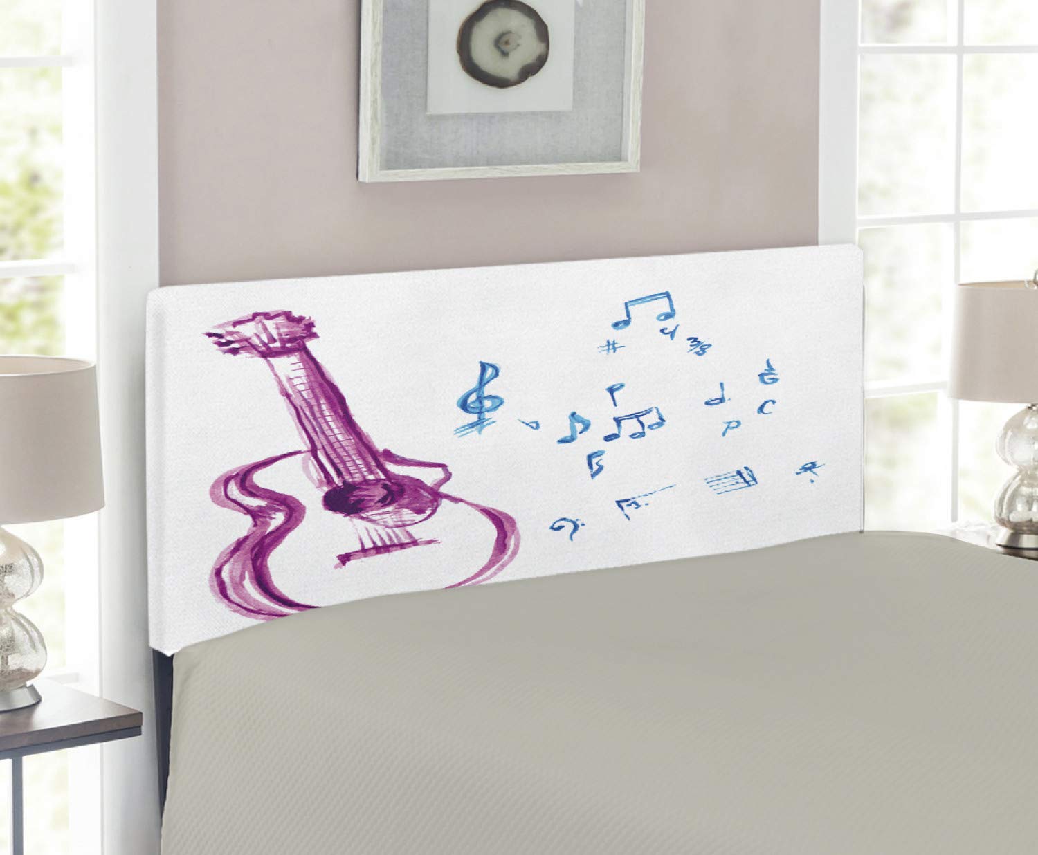 Ambesonne Guitar Headboard - Watercolor Musical Instrument Design with Music Notes & Brush Stroke Effect, Upholstered Decorative Metal Bed Frame with Memory Foam - Twin Size in Magenta Blue White - Perfect for Music Lovers' Bedroom Decor & Teen Girls' Room