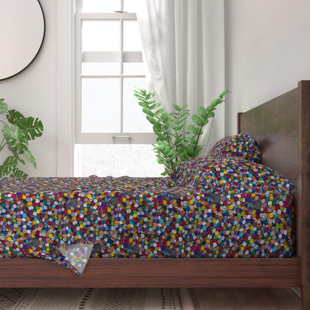 Dice Nerd Geek Games Gambling Polyhedra Print 100% Cotton Twin 3-Piece Sheet Set - Yellow Multicolor Custom Bedding for Gamers & Board Game Enthusiasts