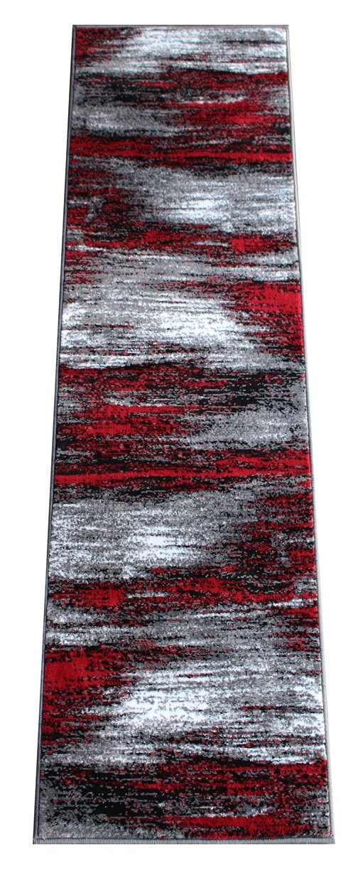 Masada Modern Contemporary Runner Area Rug - Red Grey Black (2' x 7') - Non-Slip Hallway Carpet for Living Room, Bedroom & Entryway