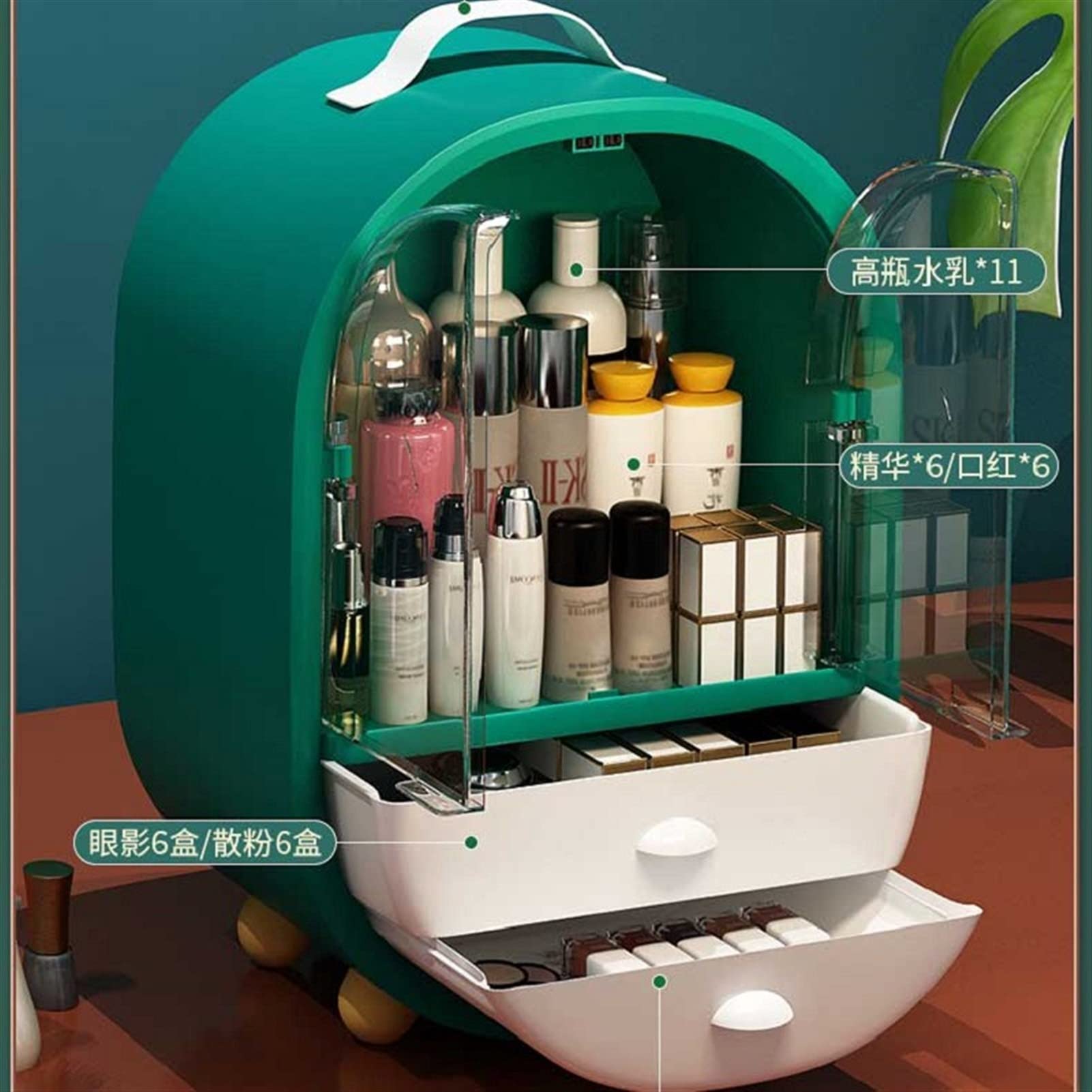 Green Cosmetic Storage Box & Jewelry Organizer - Desktop Makeup Brush Holder & Finishing Cabinet for Vanity, Bathroom, and Travel Use