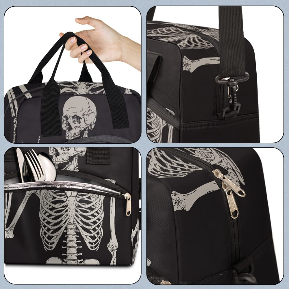 TropicalLife Reusable Insulated Lunch Bag with Adjustable Shoulder Strap - Goth Skull Pattern Soft-Sided Lunch Box for Women & Men (Black) - Perfect for Work, School, Picnics & Outdoor Activities