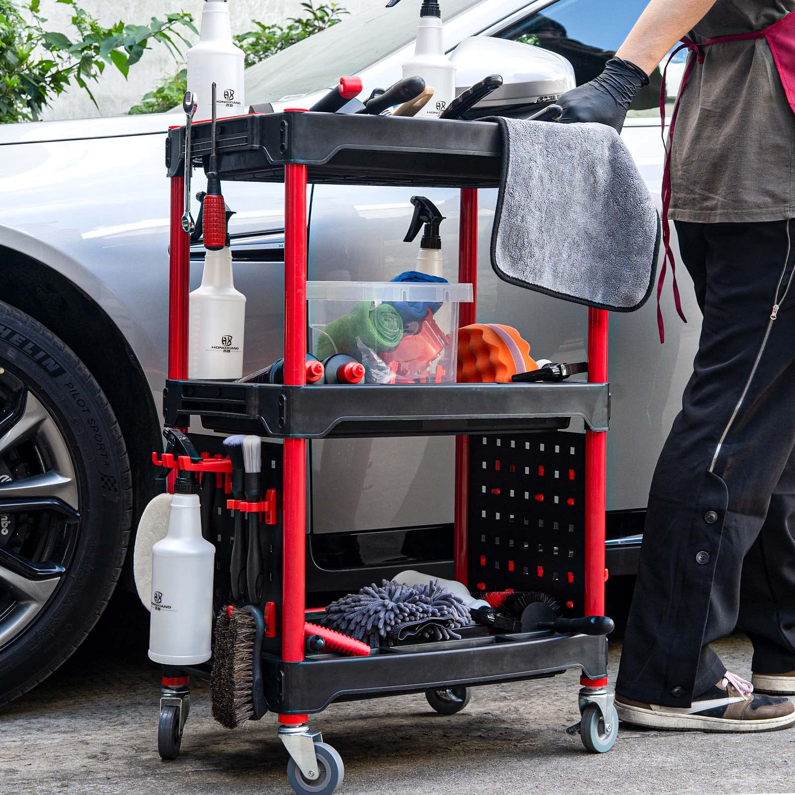 Auto Detailing Tool Cart with Pegboard - Professional Car Detailing Organizer for Garage, DIY & Home Studio | Tool Storage & Organization Solution for Mechanics & Hobbyists | Perfect for Car Wash, Detailing Projects & Workshop Organization
