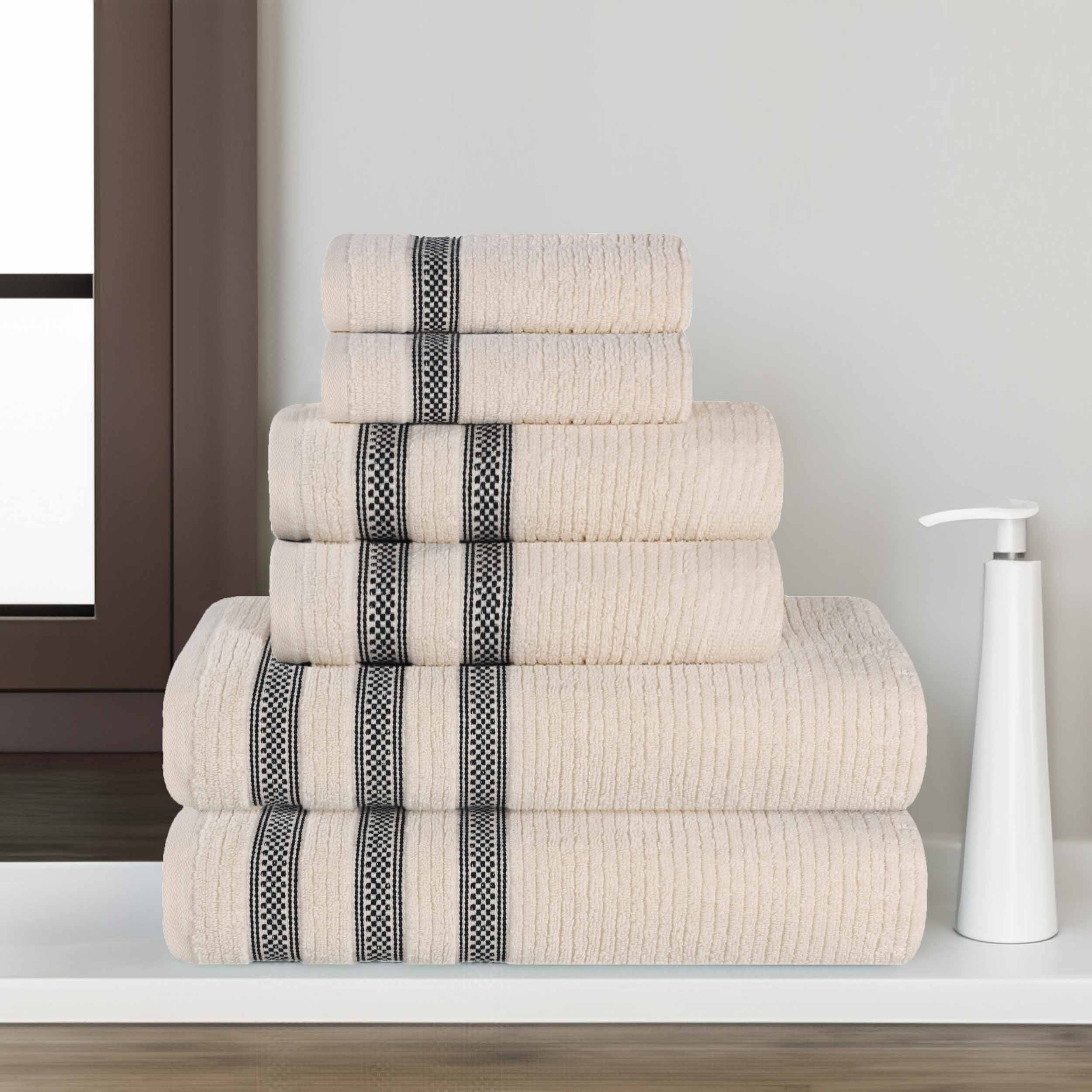 Premium 6-Piece Zero Twist Cotton Towel Set - Ultra Soft, Absorbent & Quick-Drying Bath Towels with Geometric Border Design for Spa, Bathroom & Luxury Home Decor