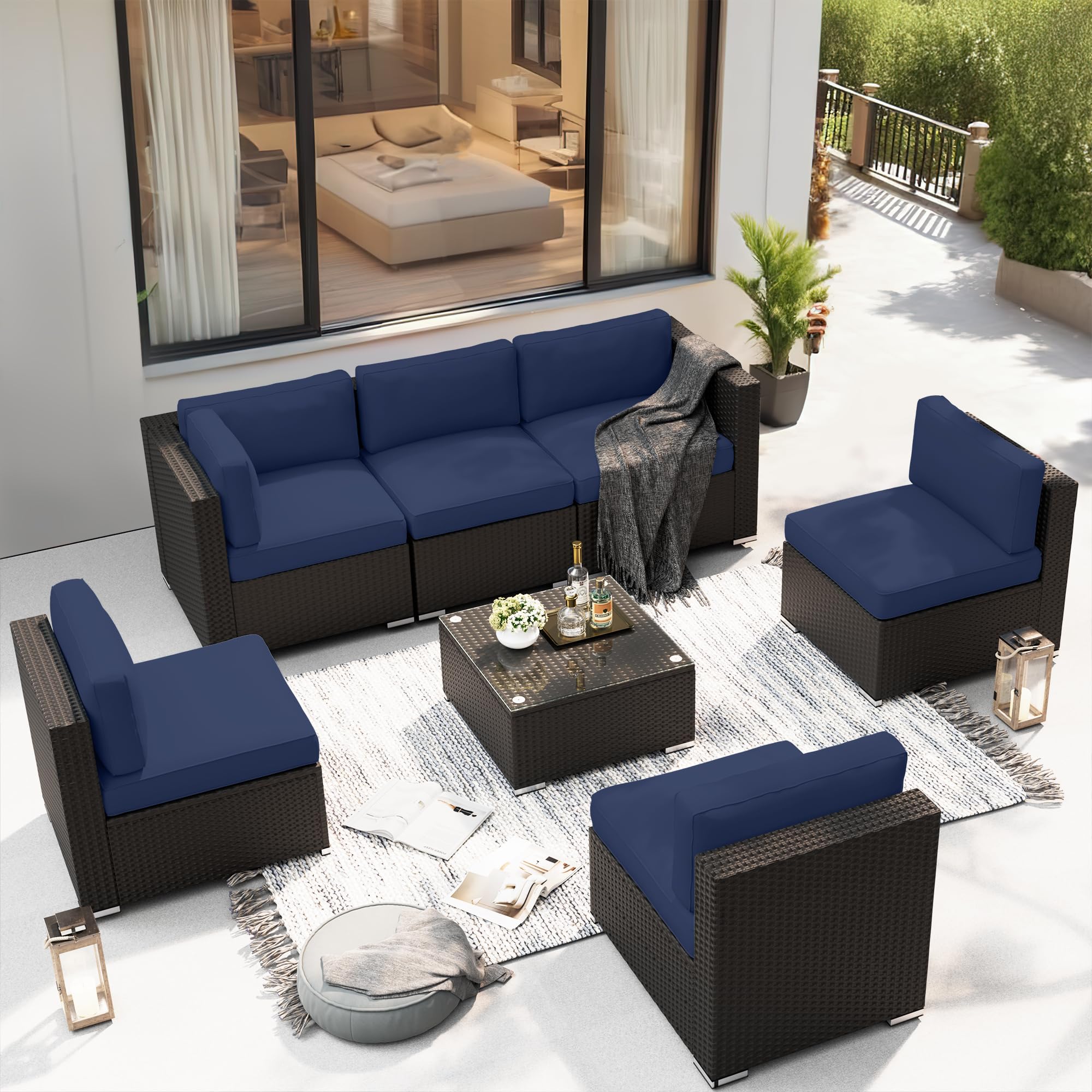 SOLAURA 7-Piece Outdoor Patio Furniture Set - Black/Brown Wicker Rattan Sectional Sofa with Coffee Table, Navy Blue Cushions - Perfect for Backyard, Poolside & Garden Relaxation