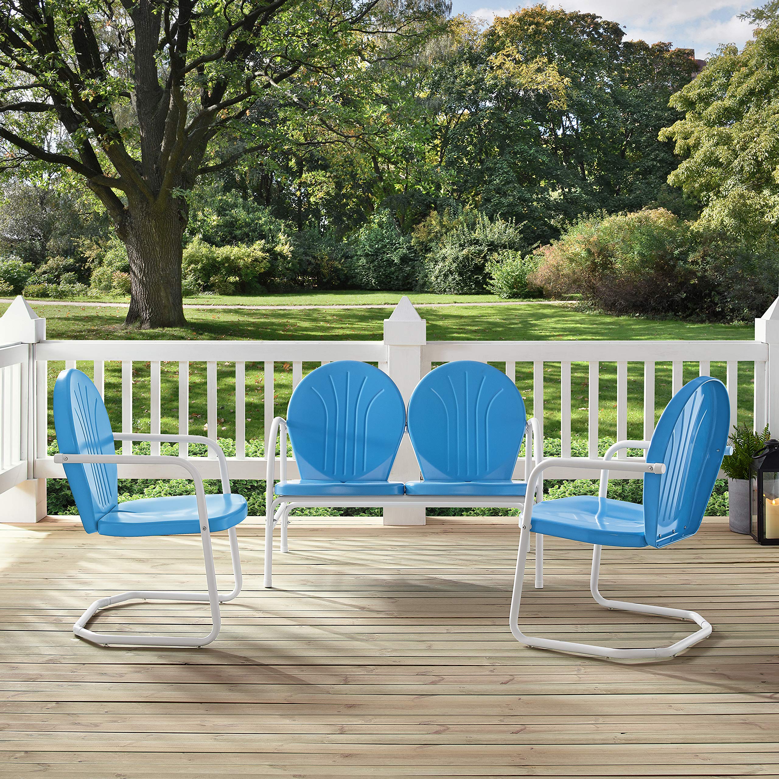 Crosley Griffith 3-Piece Retro Metal Outdoor Patio Set - Sky Blue Bistro Chairs & Loveseat for Porch, Garden, Poolside & Backyard Relaxation