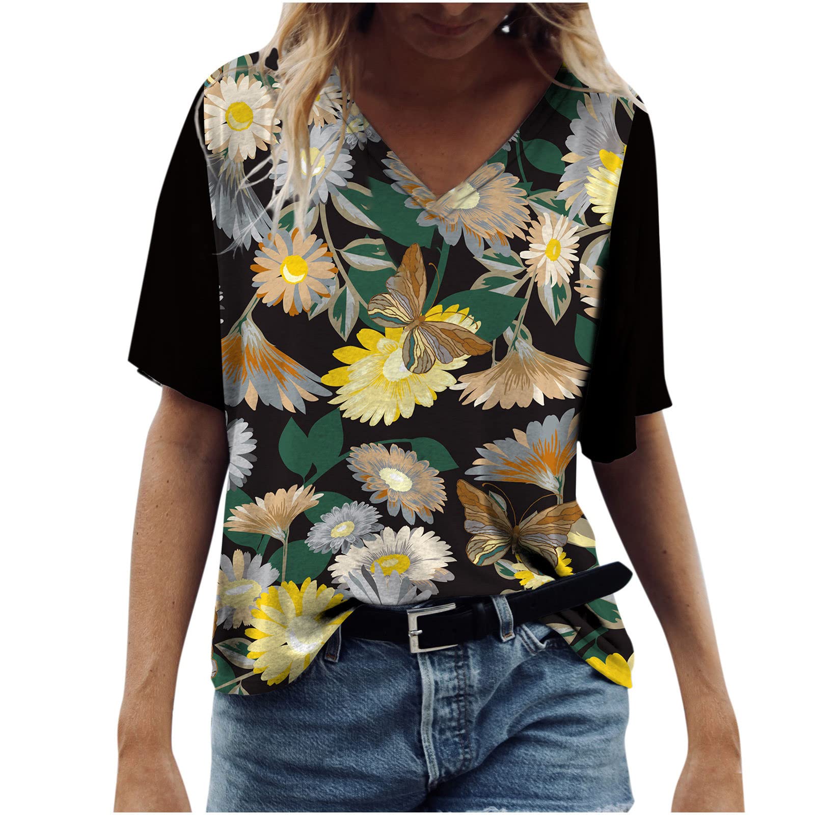 Trendy Women's Summer Tops - Short Sleeve V-Neck Floral Print Blouse & Loose Fit Casual Tunic Tee for Outings, Beach, and Everyday Wear