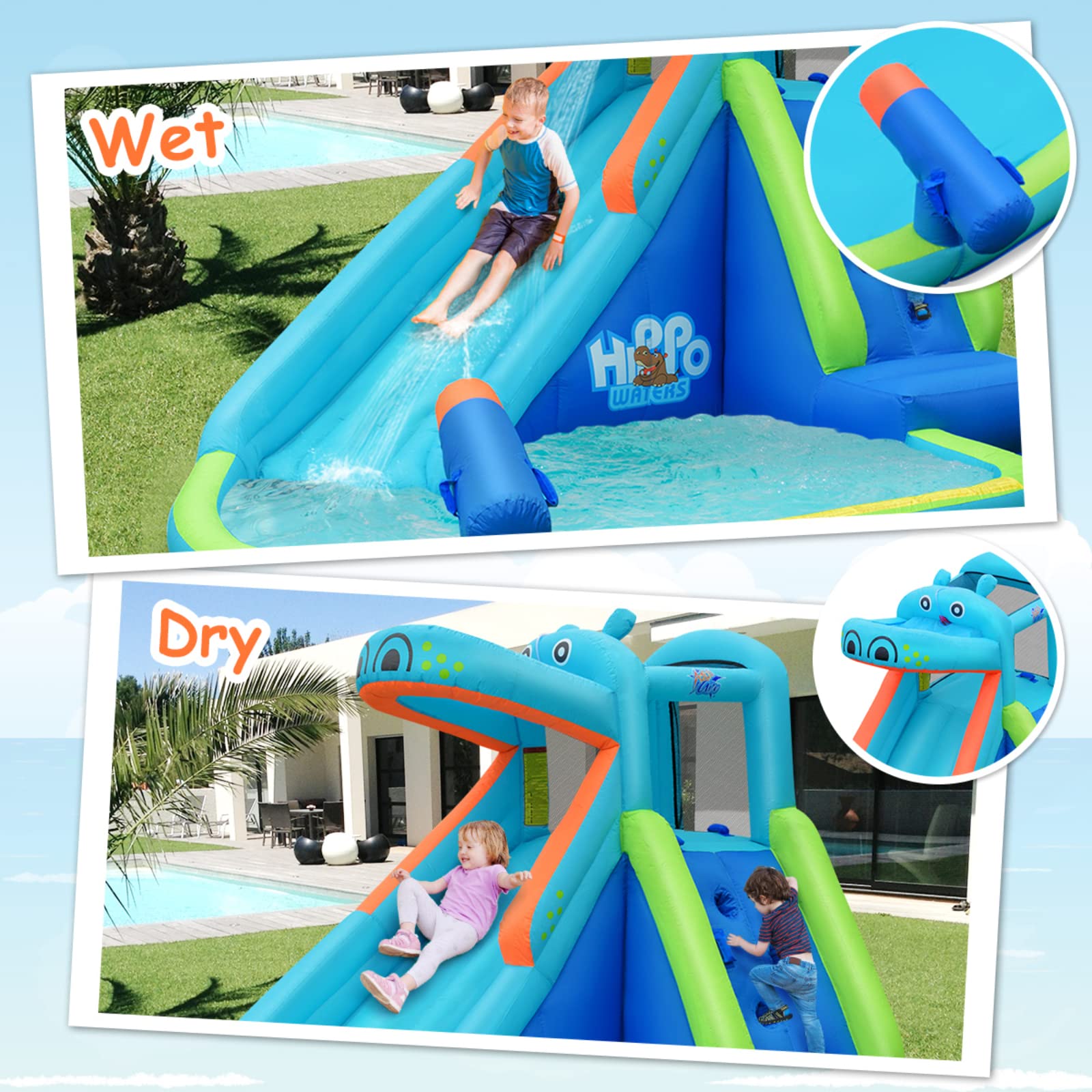BOUNTECH Inflatable Water Slide for Kids & Adults - Hippo Themed Backyard Water Park with Long Slide & Splash Pool - Outdoor Summer Party Toy for Toddlers, Children, Family Gatherings, Birthday Gifts - Perfect for Backyard Fun, Pool Parties, Summer Celebrations and Outdoor Water Play