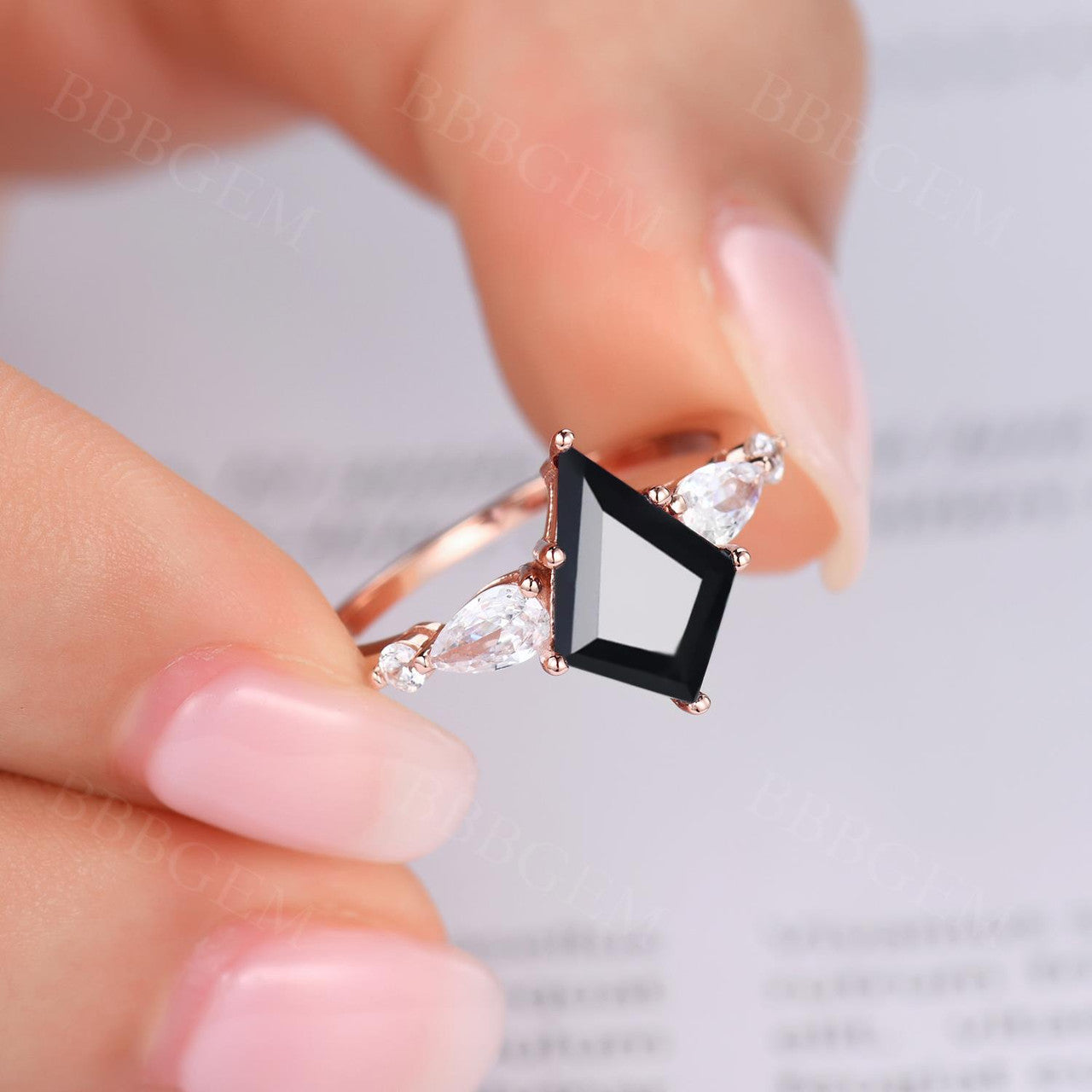 Elegant Lozenge Step Cut Black Onyx Statement Ring with Pear Moissanite Accent - Perfect for Evening Parties, Date Nights & Special Occasions