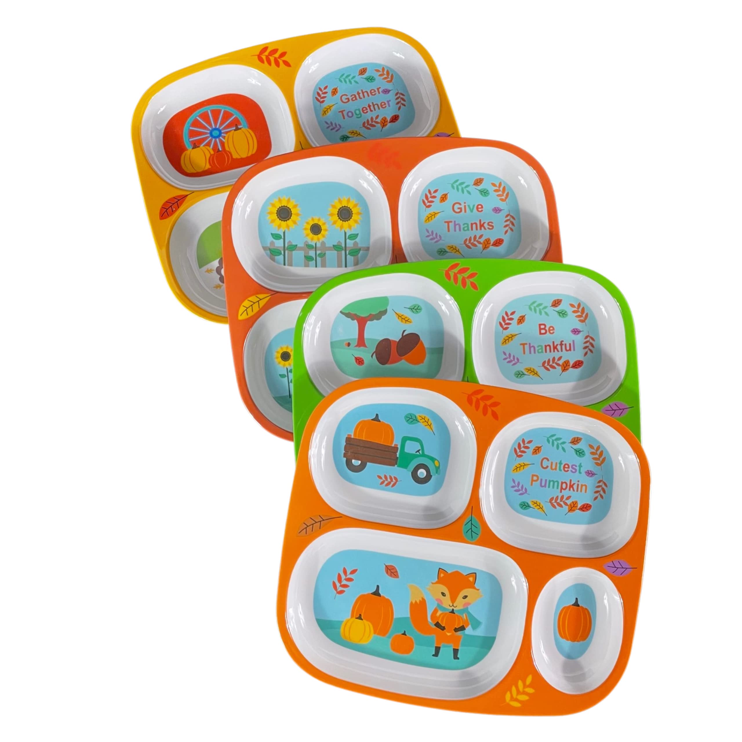 4E's Novelty Fall Thanksgiving Dinnerware Set of 4 - BPA Free Melamine Divided Plates for Kids, Toddler & Halloween Dishes | Top Rack Dishwasher Safe | Perfect for Holiday Parties, Family Gatherings & Kids' Meals