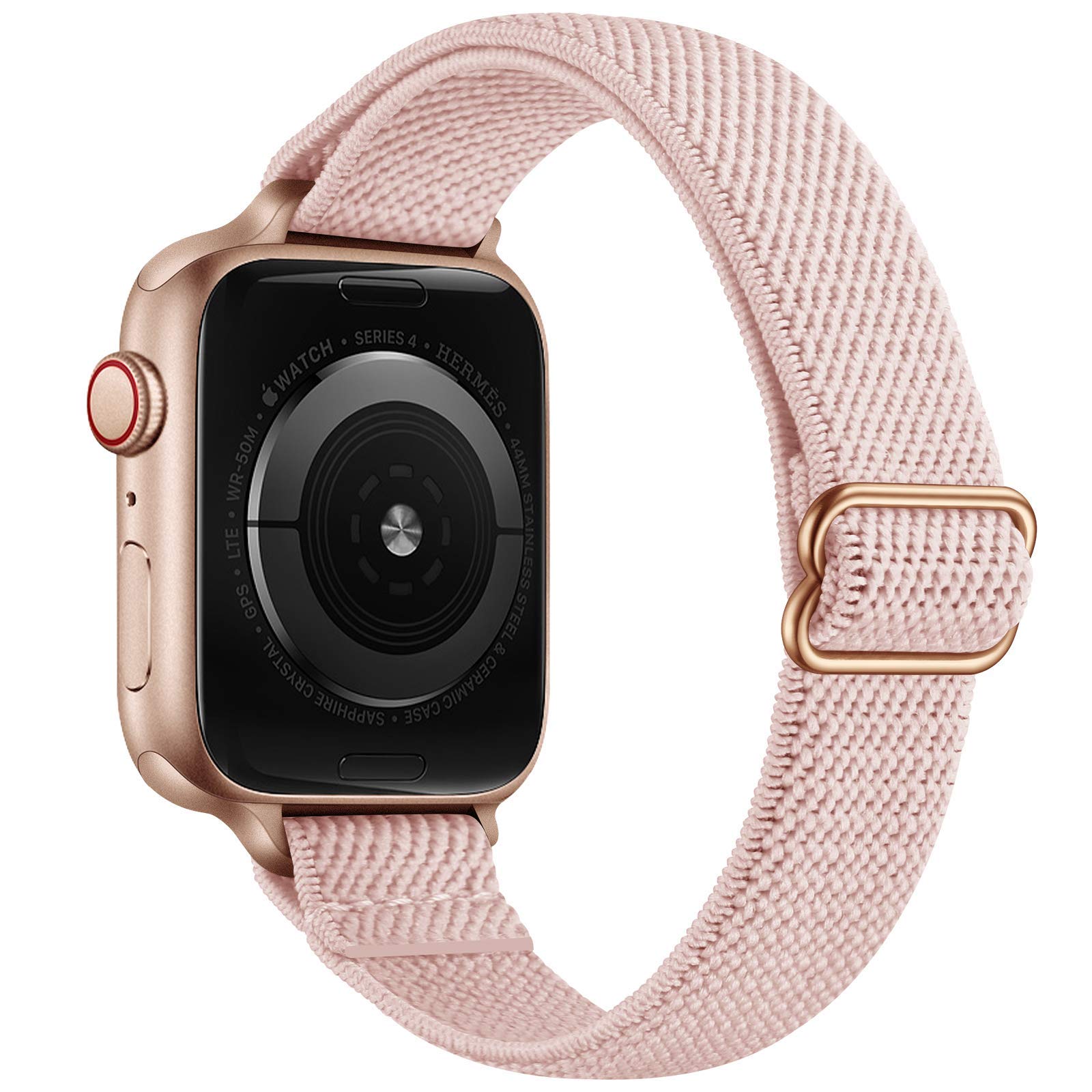 Slim Stretchy Nylon Apple Watch Band Compatible with 46mm/49mm/45mm/44mm/42mm - Women's Elastic Strap for iWatch Ultra 2/1, SE & Series 10/9/8/7/6/5/4/3/2/1 - Pink Sand & Rose Gold - Perfect for Workouts, Yoga & Everyday Wear