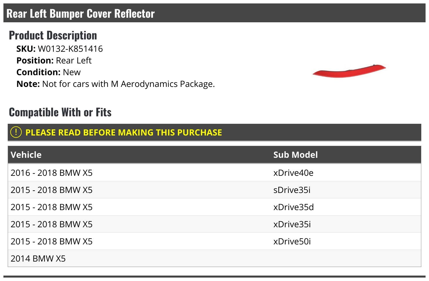 2014-2018 BMW X5 Left Rear Bumper Reflector - OEM Replacement Part for Driver Side - Perfect for Night Driving Safety & Vehicle Customization