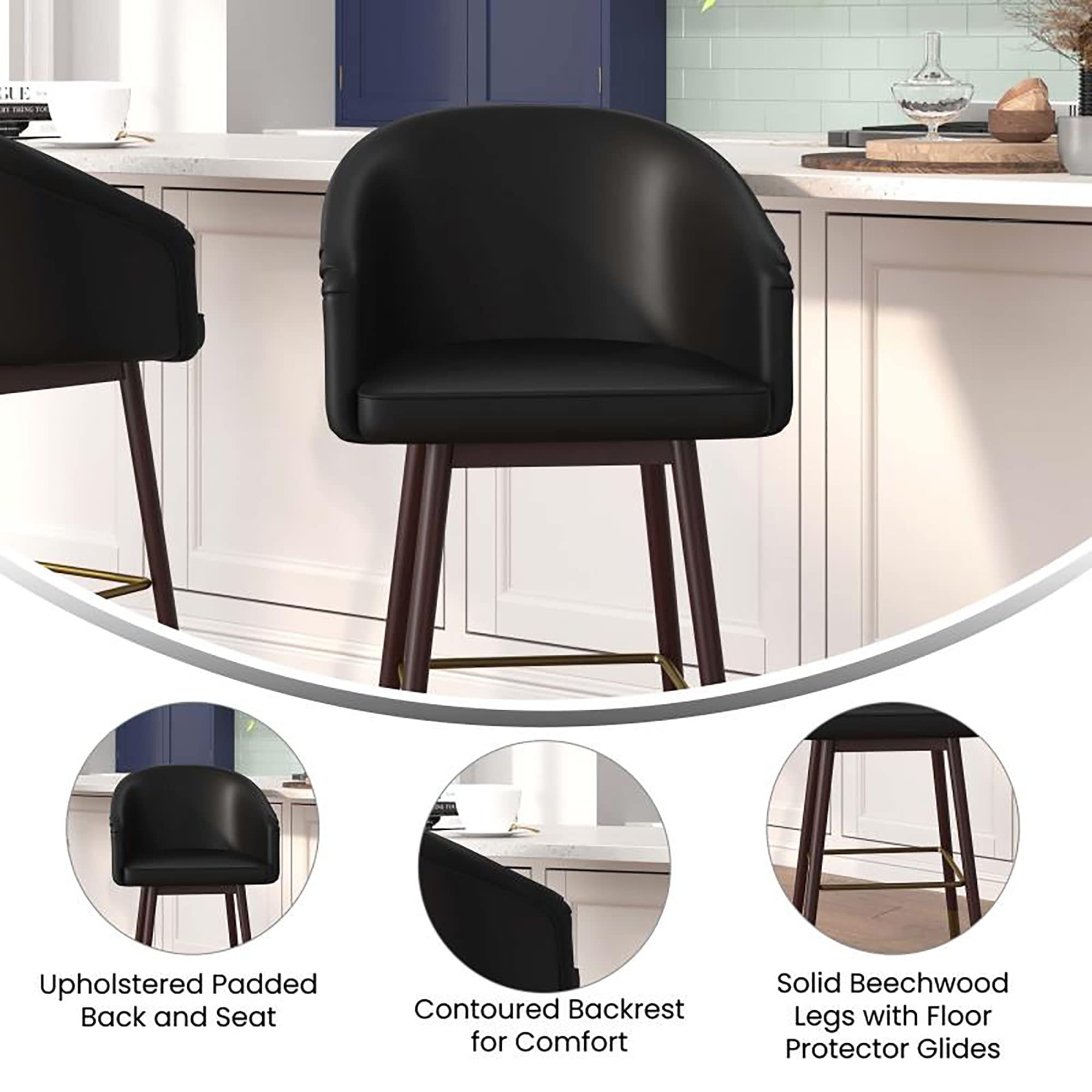 Flash Furniture Margo Commercial Grade Mid-Back Counter Stools - Set of 2 Black LeatherSoft Upholstered Bar Stools with Walnut Finish Beechwood Legs & Bronze Accents - 26