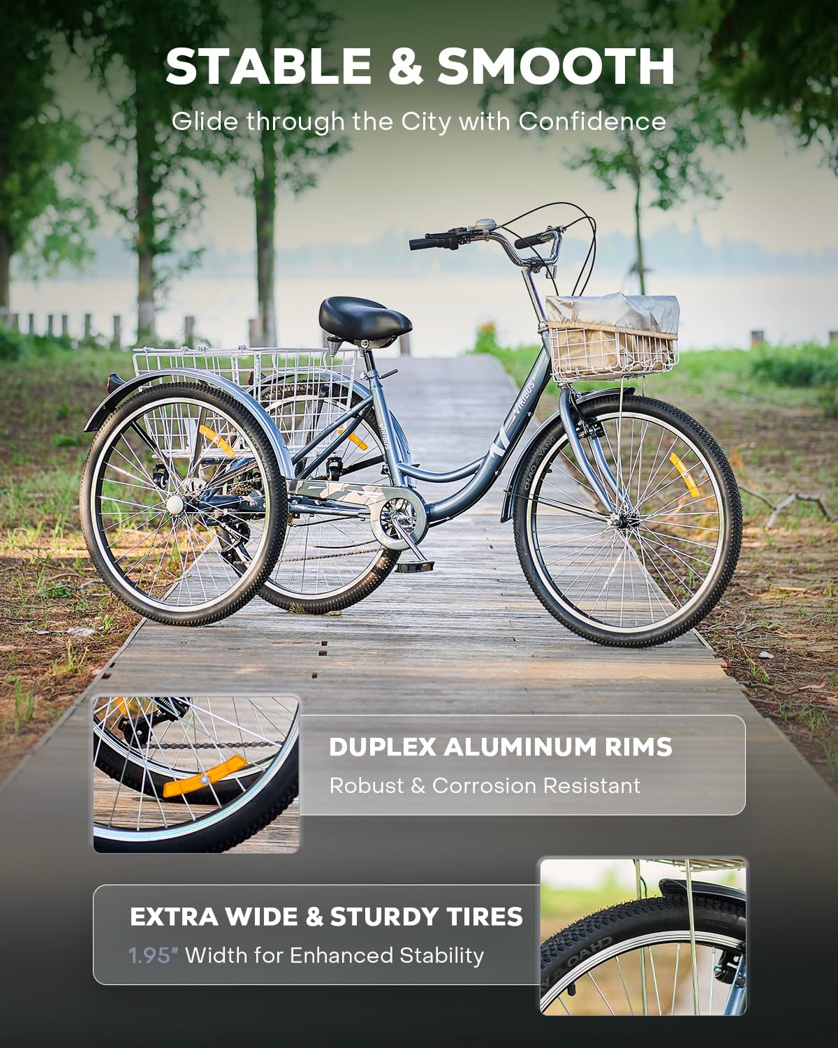 Viribus 24-26 Inch 7-Speed Adult Tricycle for Women & Men - Heavy Duty 400 lb Capacity 3-Wheel Bike with Front & Rear Baskets - Perfect for Commuting, Grocery Shopping & Senior Recreation