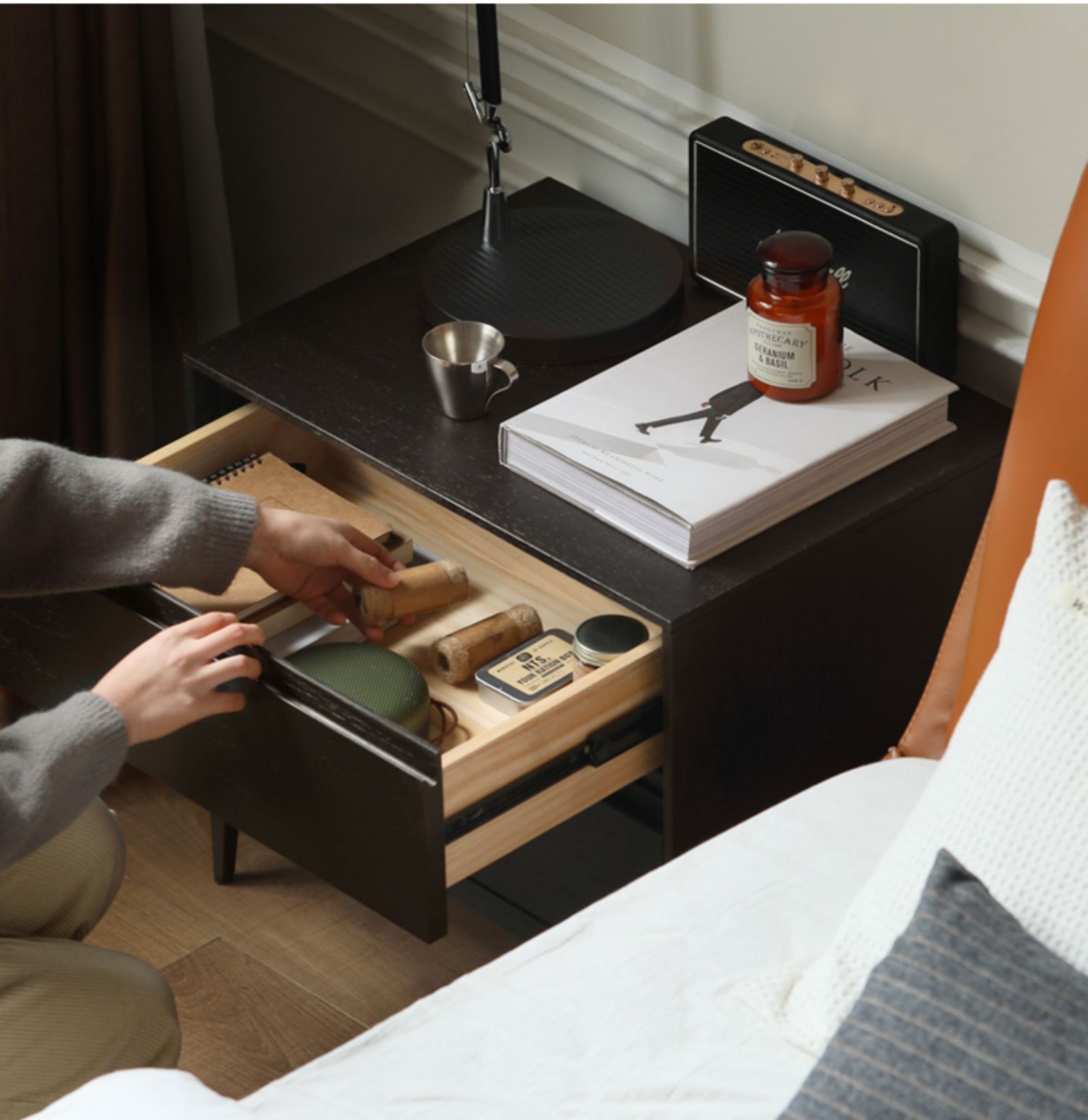 Solid Oak Wood Nightstand in Smoke Finish - Modern Bedside Table for Bedroom, Living Room, or Office
