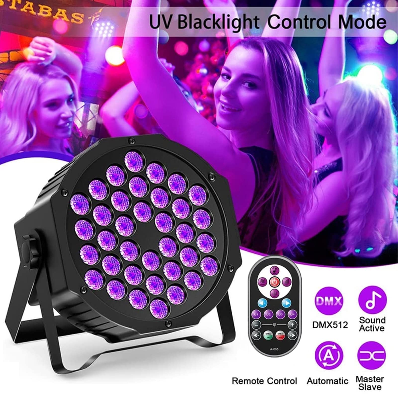 36 LED Black Lights - U'King 72W UV Stage Lighting with DMX & Remote Control - Glow in The Dark Party Supplies for Halloween, Rave, Neon Dance Club & Stage Performances (1 Pack)