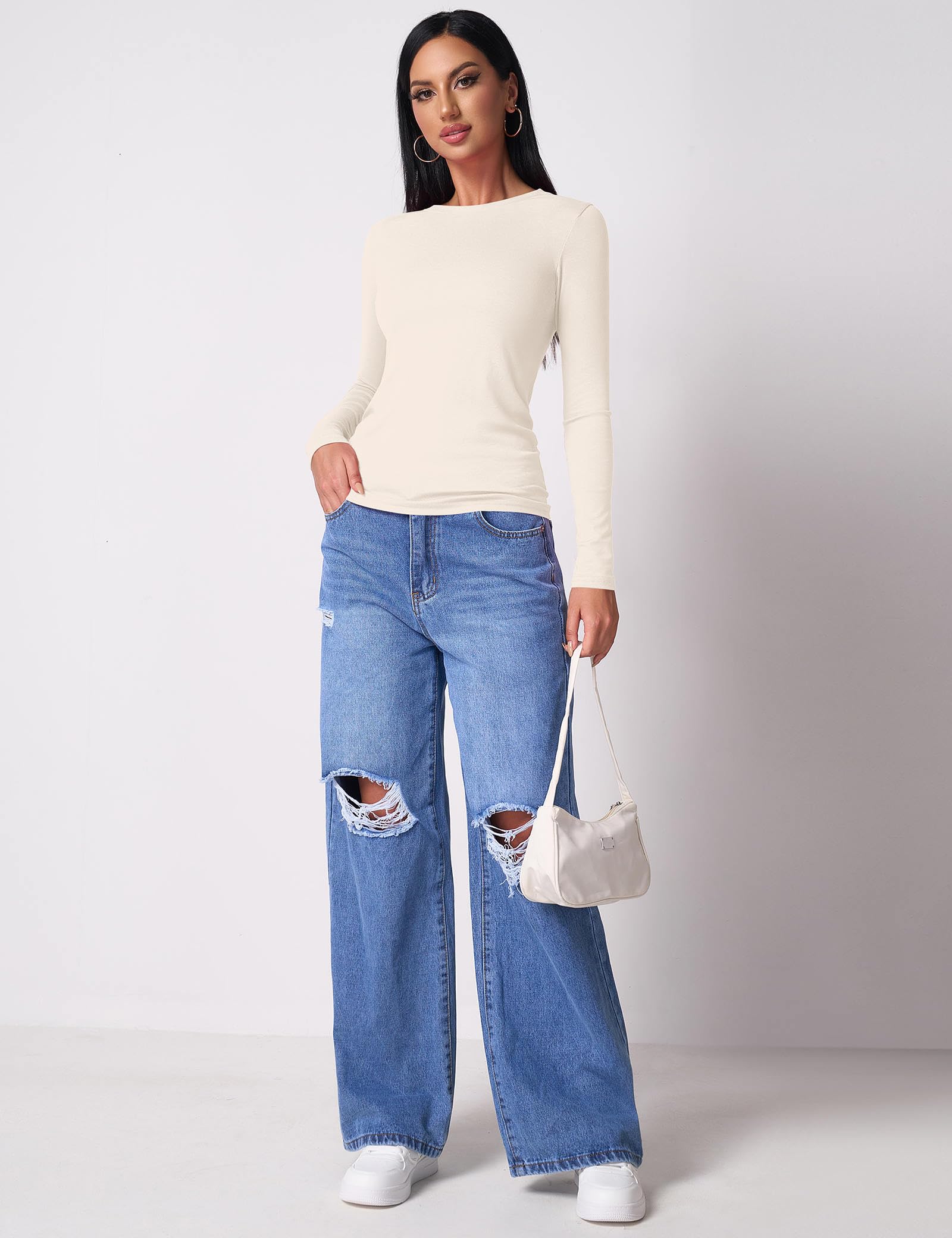 Beluring Women's Long Sleeve Crew Neck Slim Fit Ribbed T-Shirt - Basic Casual Top for Everyday Wear, Work & Outfits
