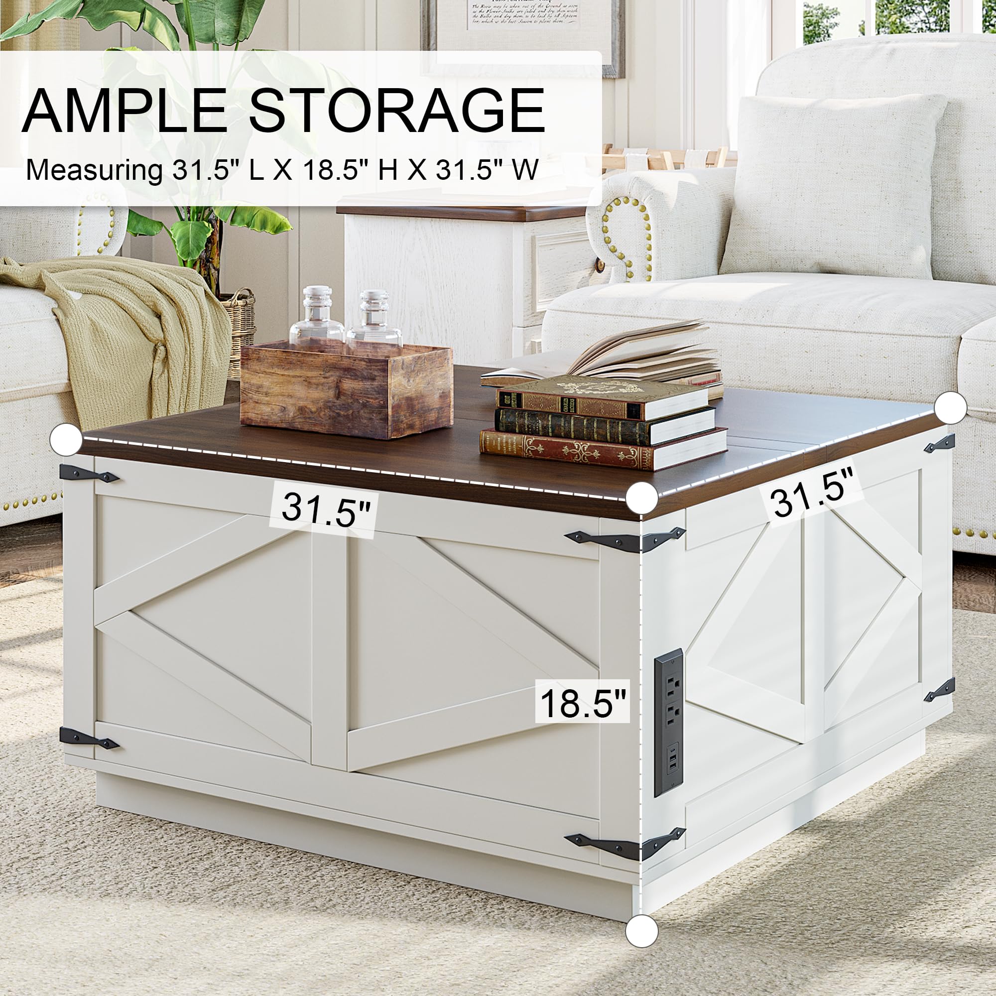 Rustic Lift Top Coffee Table with Storage & LED Light - Farmhouse Square Wood Center Table with Charging Station & Hidden Compartment - Perfect for Living Room, Family Gatherings & Home Decor (White)