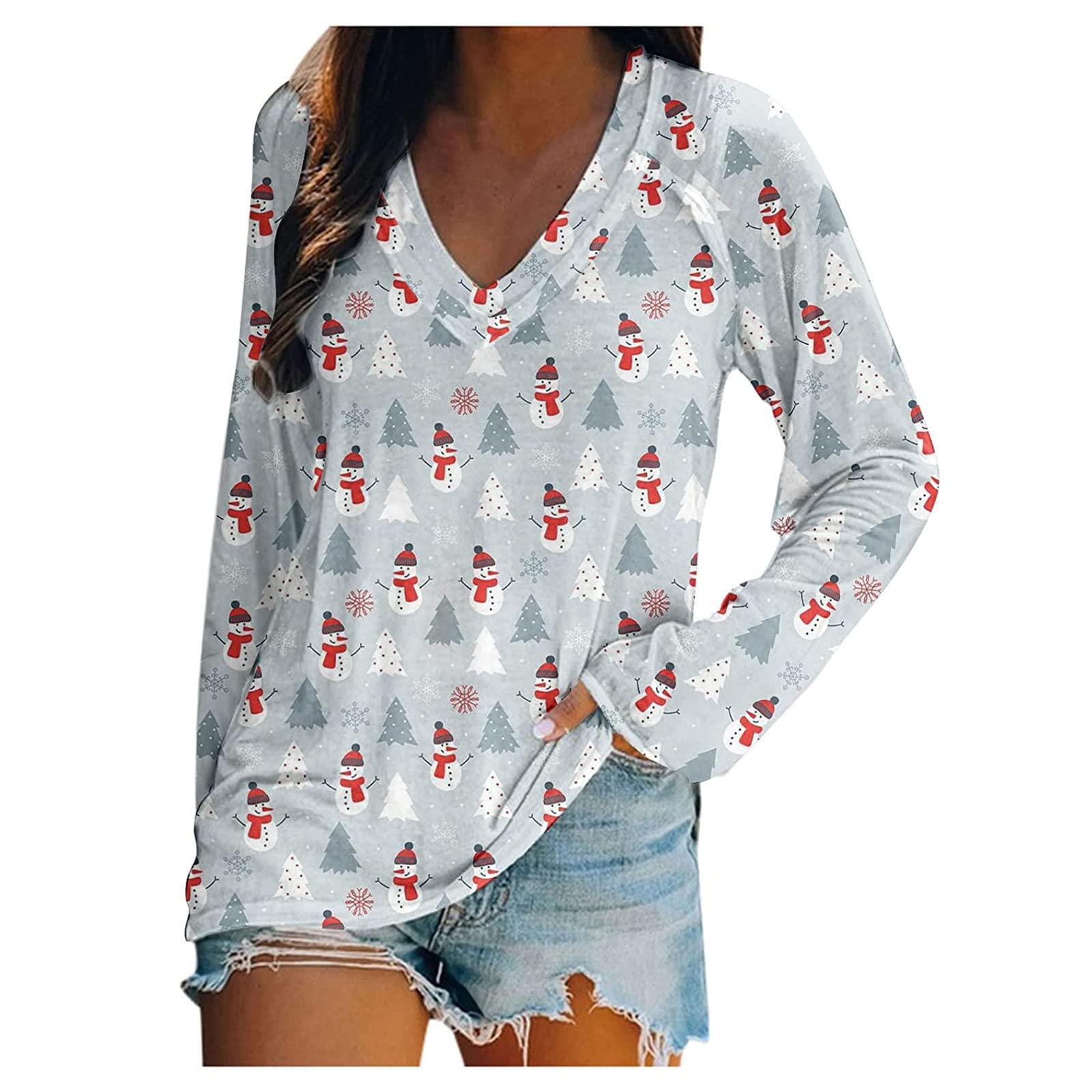 Women's V-Neck Long Sleeve Pullover T-Shirt - Christmas Snowflake Print Casual Cotton Tunic Top for Ladies | Perfect for Holiday Parties, Office Wear & Winter Outfits