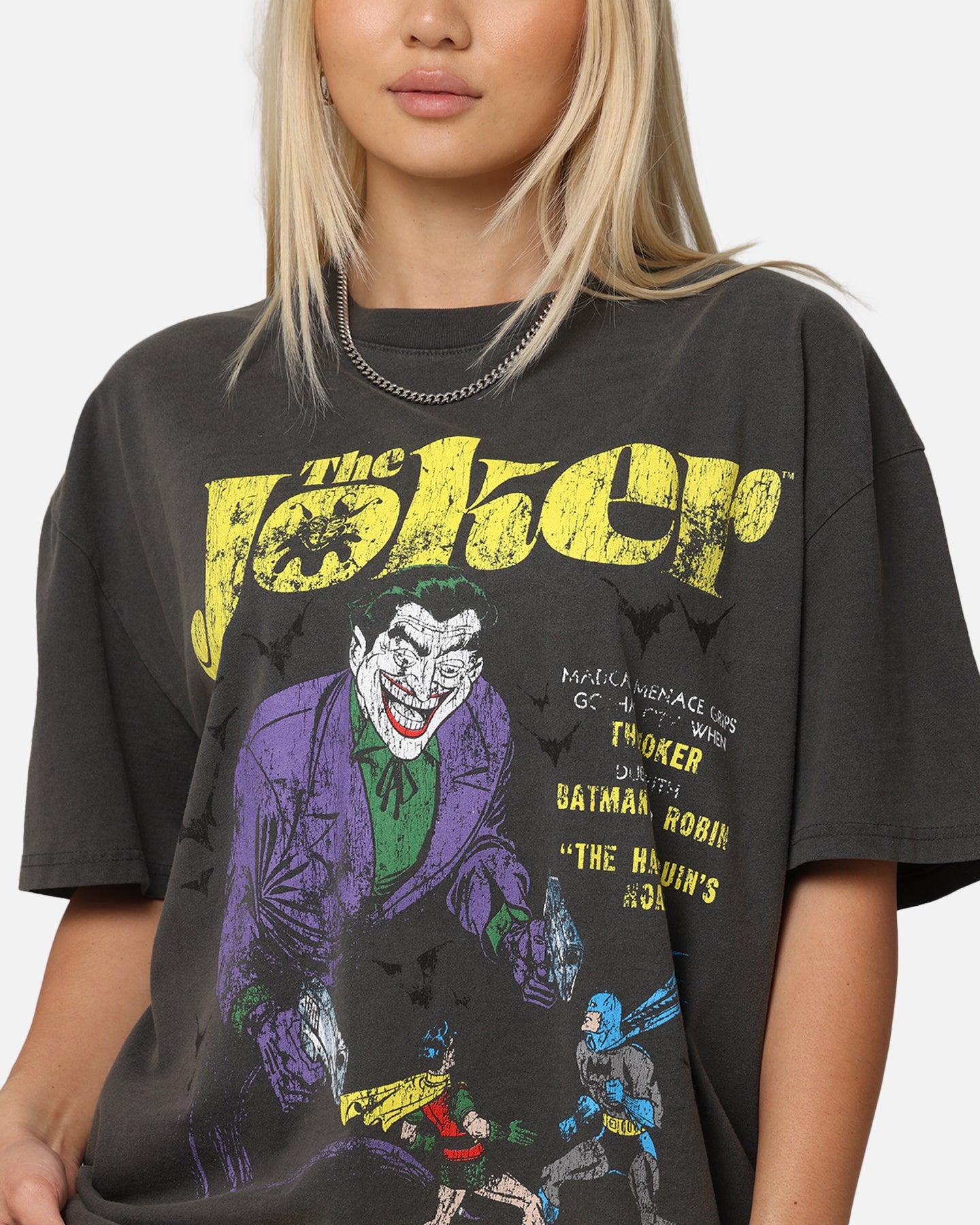 DC Batman The Joker Harley Quinn Vintage Graphic T-Shirt - Black Washed Cotton Tee for Cosplay, Comic Con & Casual Wear