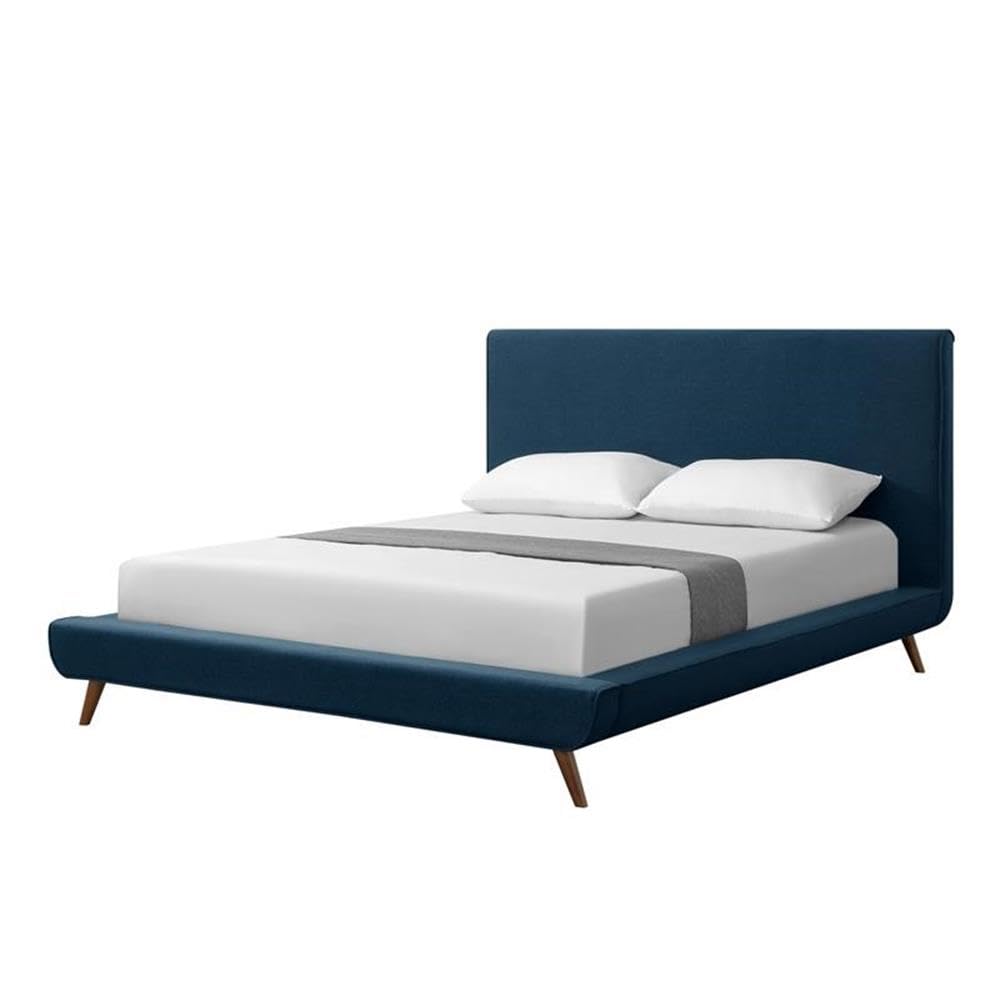 Lyle Beds Queen Size Upholstered Bed Frame with Denim Linen Fabric & Walnut Tapered Legs - Perfect for Modern Bedroom, Guest Room, and Dorm Decor