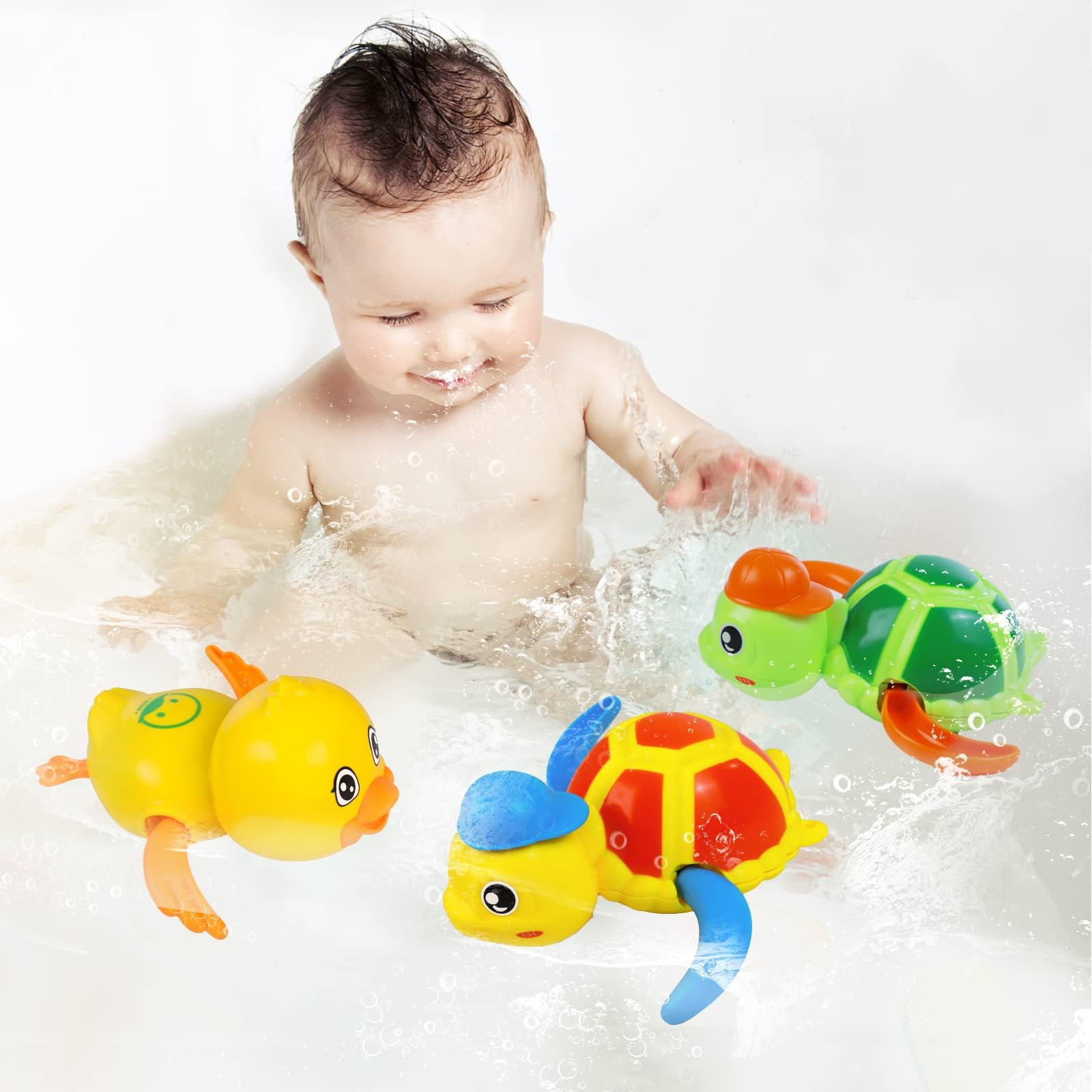 **Floating Wind Up Swimming Turtle & Duck Bath Toys - 3 Pack Waterproof Pool Toys for Toddlers Boys Girls - Perfect for Bathtime, Swimming Pools & Outdoor Water Play**