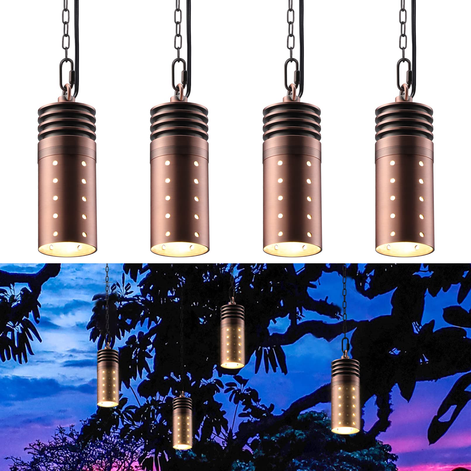 LEONLITE 12V Low Voltage LED Hanging Lights Outdoor - Waterproof IP65 Aluminum Landscape Pendant Lights (Pack of 4, 2700K Soft White, Red Bronze) - UL Listed for Gazebo, Pergola, Garden, Patio & Backyard Lighting