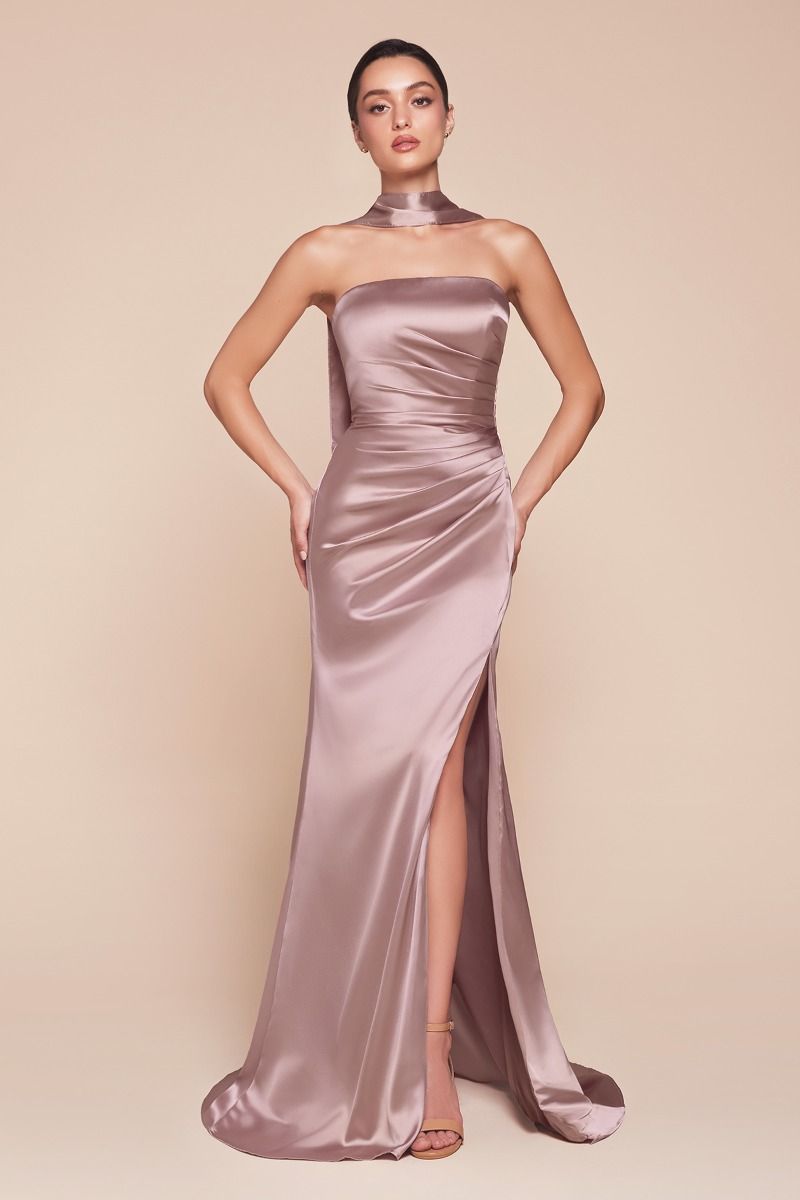 Nicolette Gown - Strapless Luxe Satin Formal Dress with Detachable Sash in Mauve for Evening Gala, Prom, Wedding & Special Occasions
