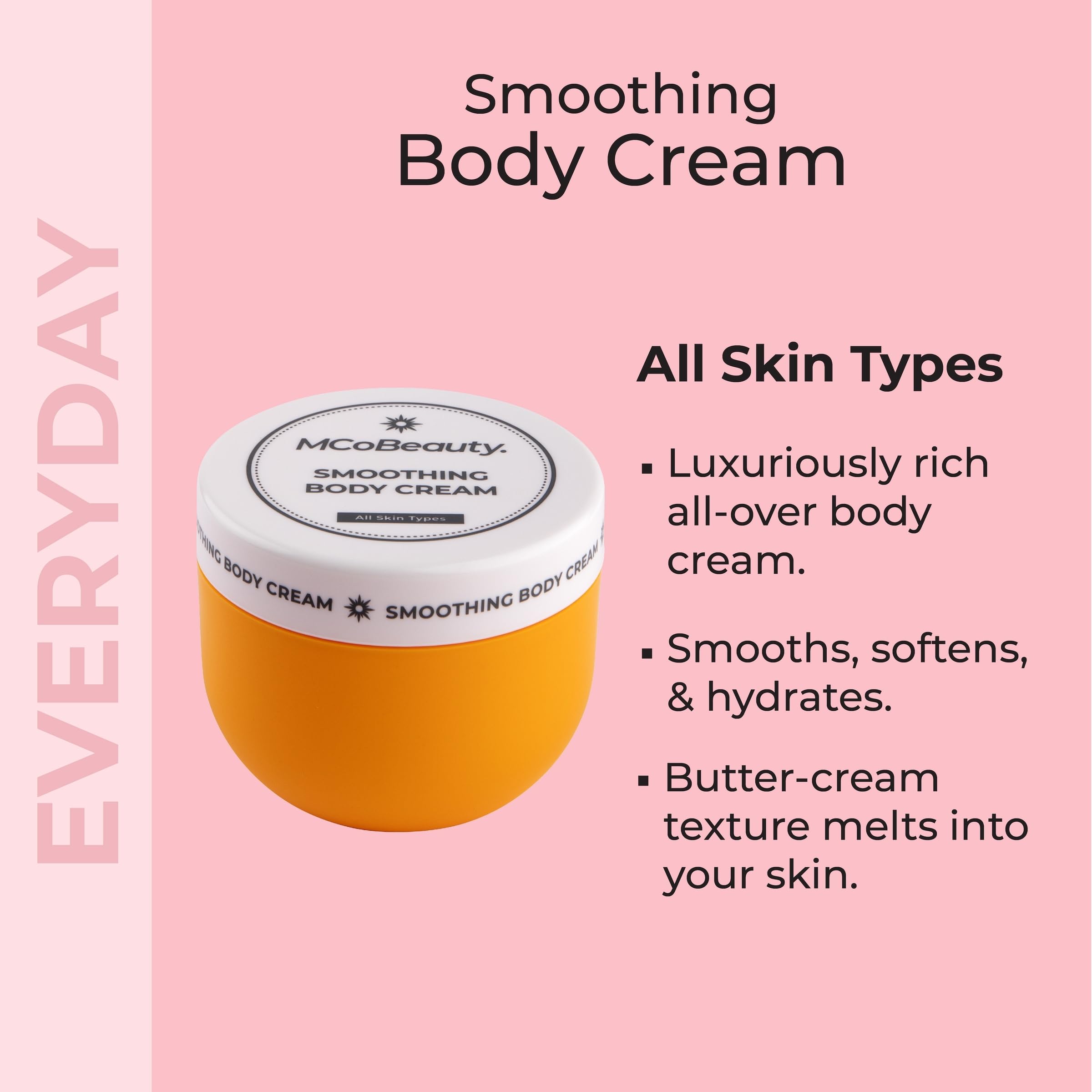 MCoBeauty Everyday Smoothing Body Cream with Caffeine, Cacao Extract, Shea Butter & Coconut Oil - Vegan & Cruelty Free Moisturizer for Dry Skin - Perfect for Daily Hydration & Post-Shave Care