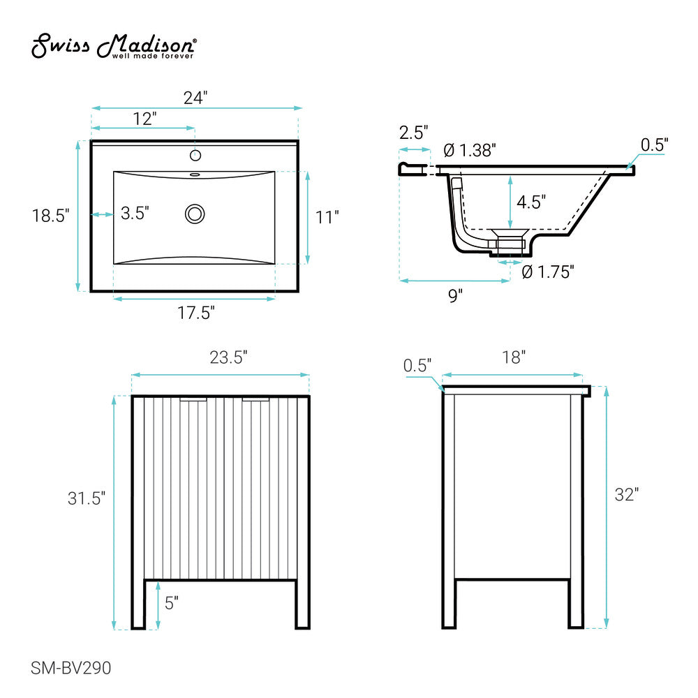 Bastille 24 Inch Freestanding Bathroom Vanity Set - White Modern Vanity with Ceramic Sink & Countertop - Perfect for Small Bathrooms & Powder Rooms